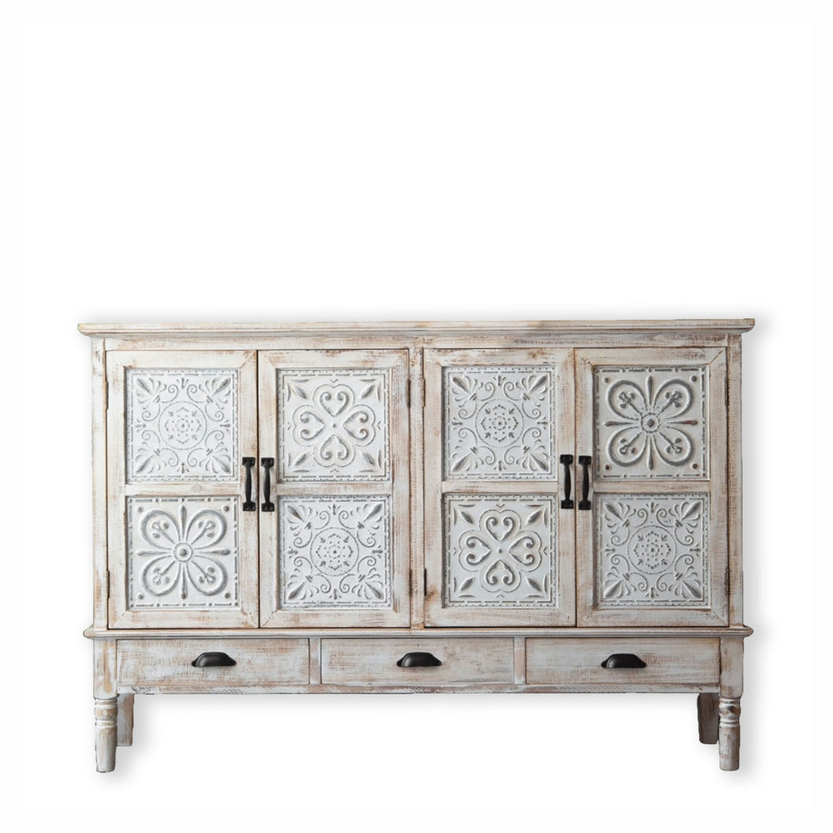 Buffet blanc décoratif avec motifs à 4 portes et 2 tiroirs, 62" x 17" x 36-1/2"