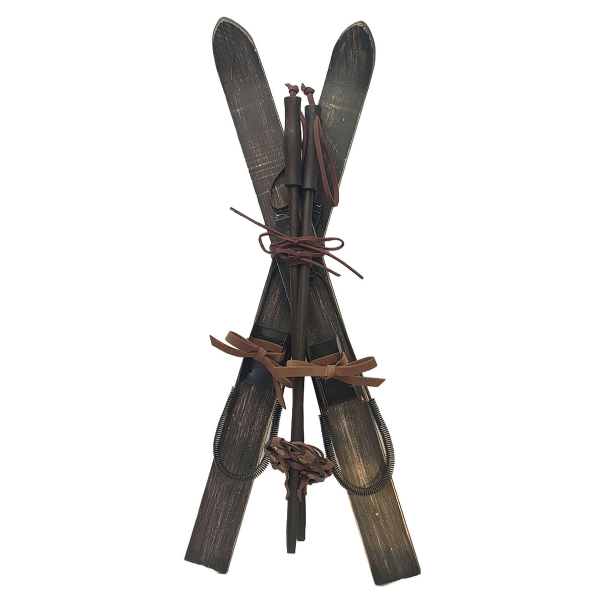 Décoration de skis en bois bruni avec cuir, 2" x 20-1/2"