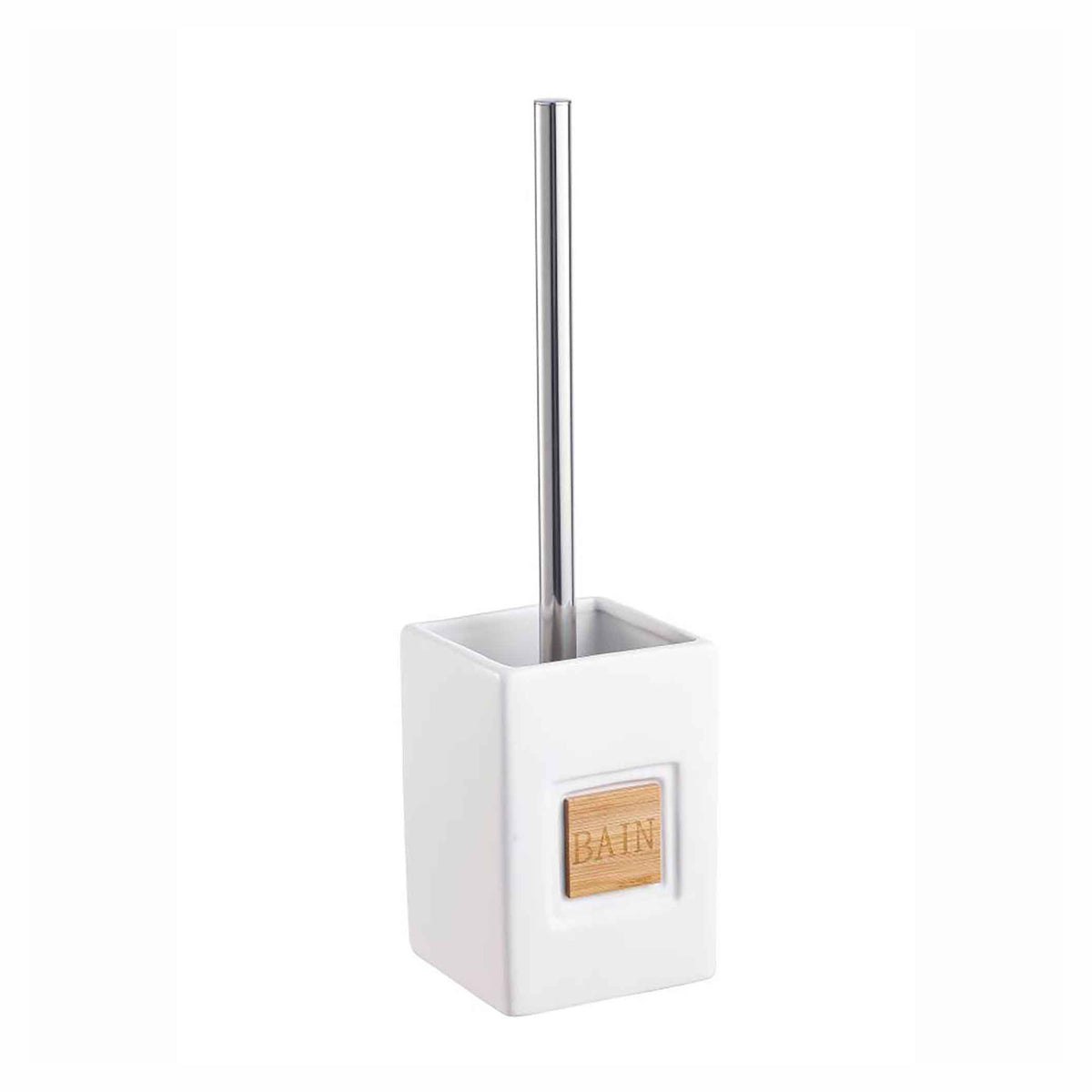 Brosse de toilette en céramique avec inscription "BAIN"en bambou, blanc