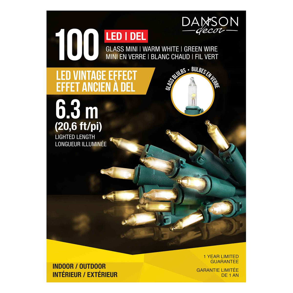 Jeu de 100 mini lumières DEL en verre à effet ancien de 20,6' (6,3 m), blanc chaud