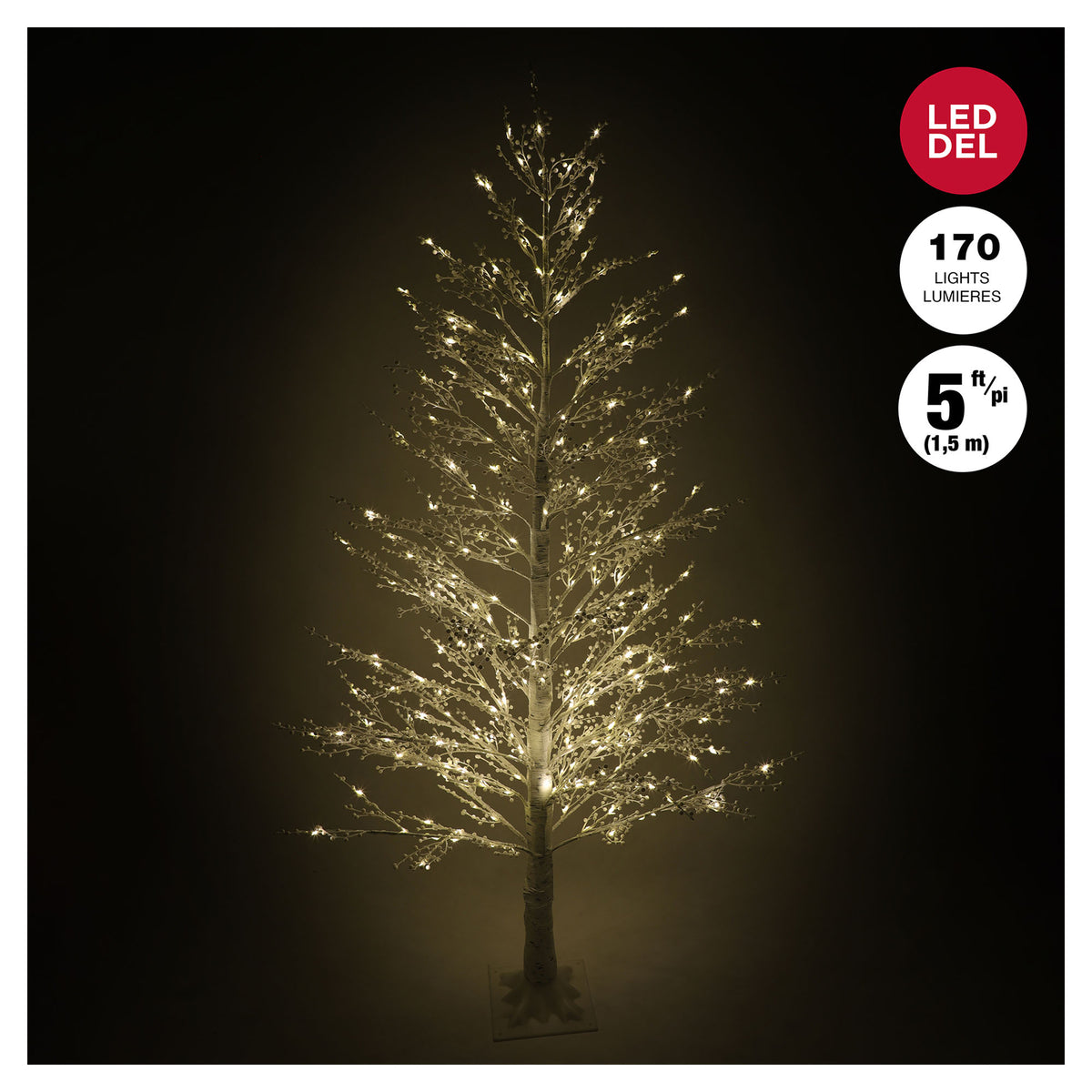 Arbre de style bouleau prééclairé à 170 lumières DEL blanc chaud avec baies blanches, 5' (1,5 m)