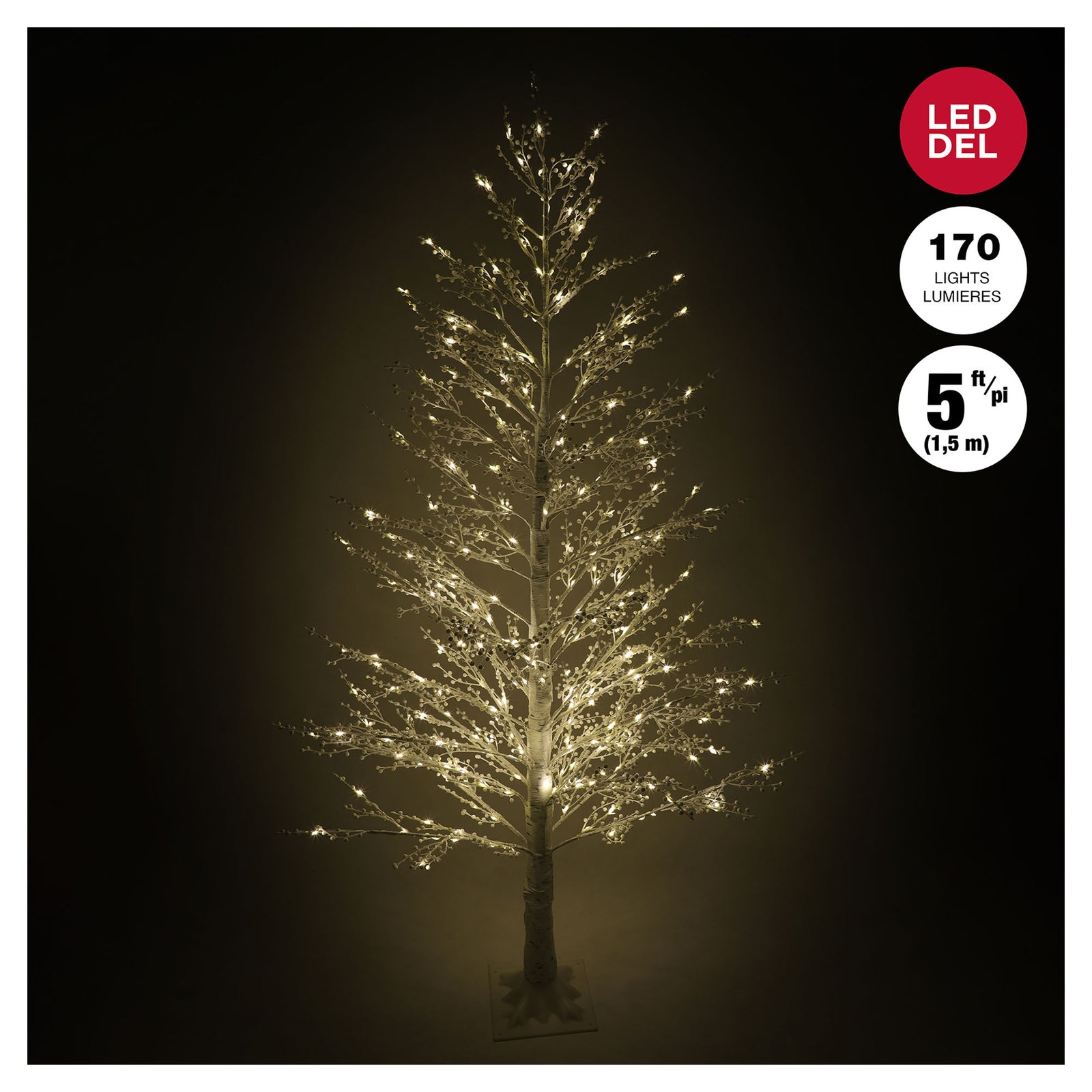 Arbre de style bouleau prééclairé à 170 lumières DEL blanc chaud avec baies blanches, 5' (1,5 m)
