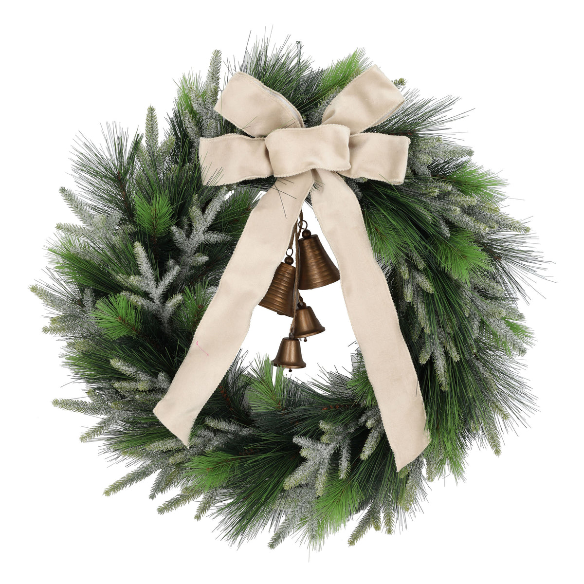 Couronne de pin mixte avec ruban en tissu et cloches, 30"