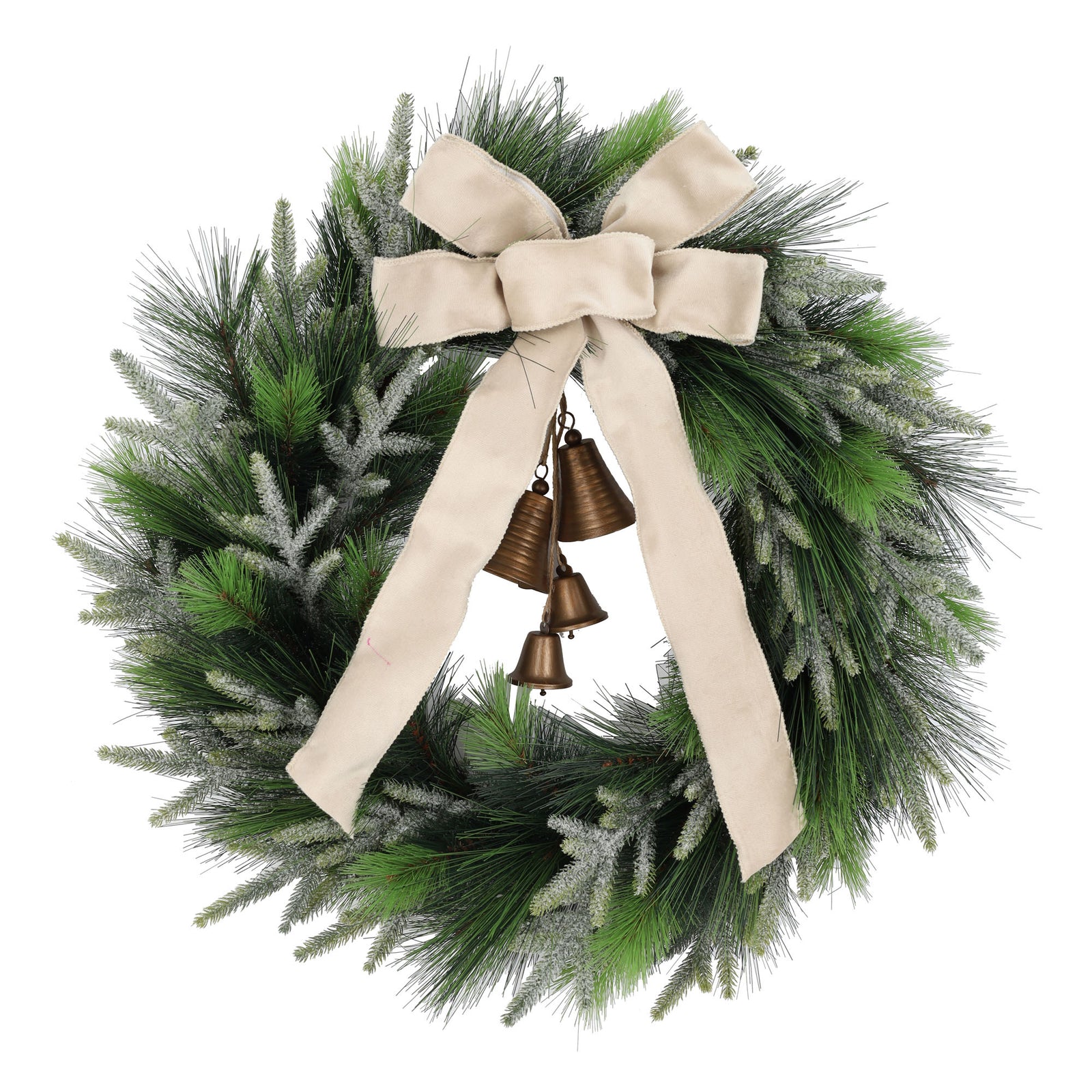 Couronne de pin mixte avec ruban en tissu et cloches, 30"