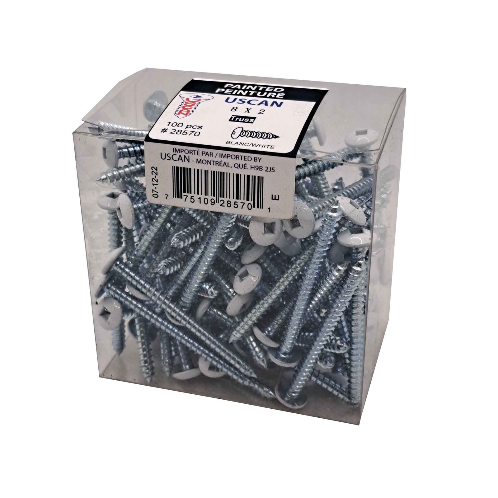 Vis à métal à tête évasée blanche, #8 x 2" (100 unités)