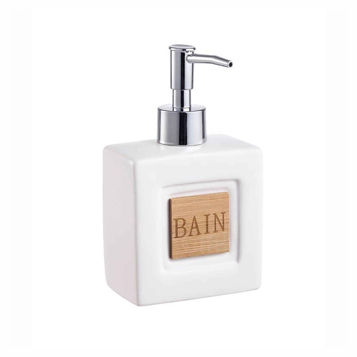 Distributeur de savon en céramique avec inscription "BAIN"en bambou, blanc