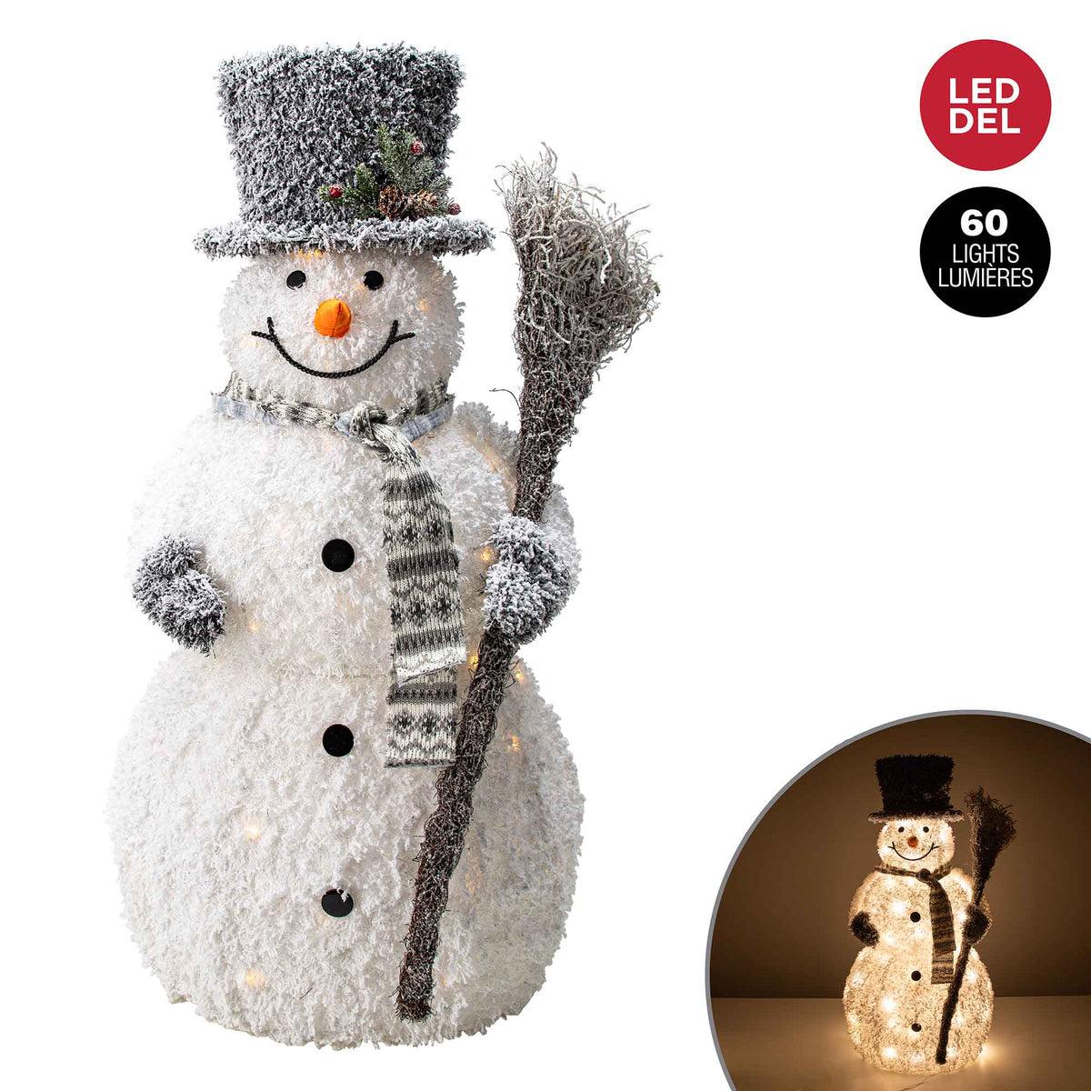 Bonhomme de neige givré avec balai à 60 lumières DEL, 38''      