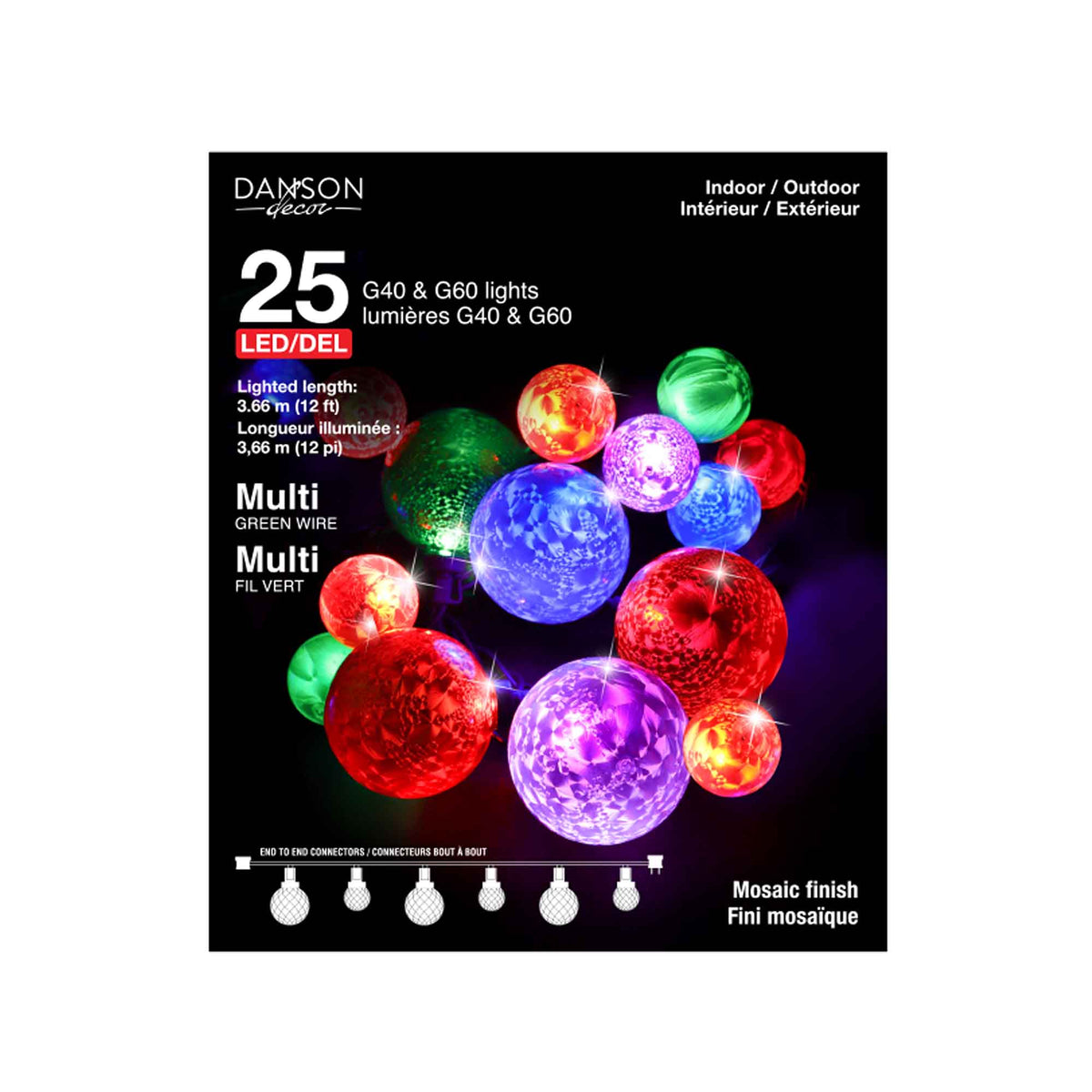 Guirlande de 25 lumières au fini glacé G40 et G60 DEL de 12' (3,66 m), multicolore