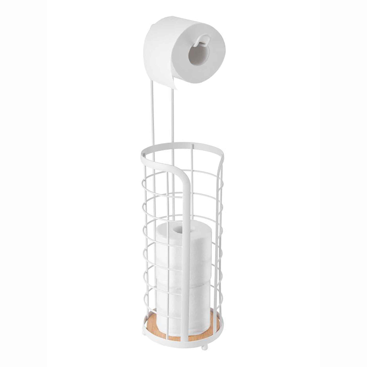 Porte-papier hygiénique avec rangement pour rouleaux et fond en bambou, blanc