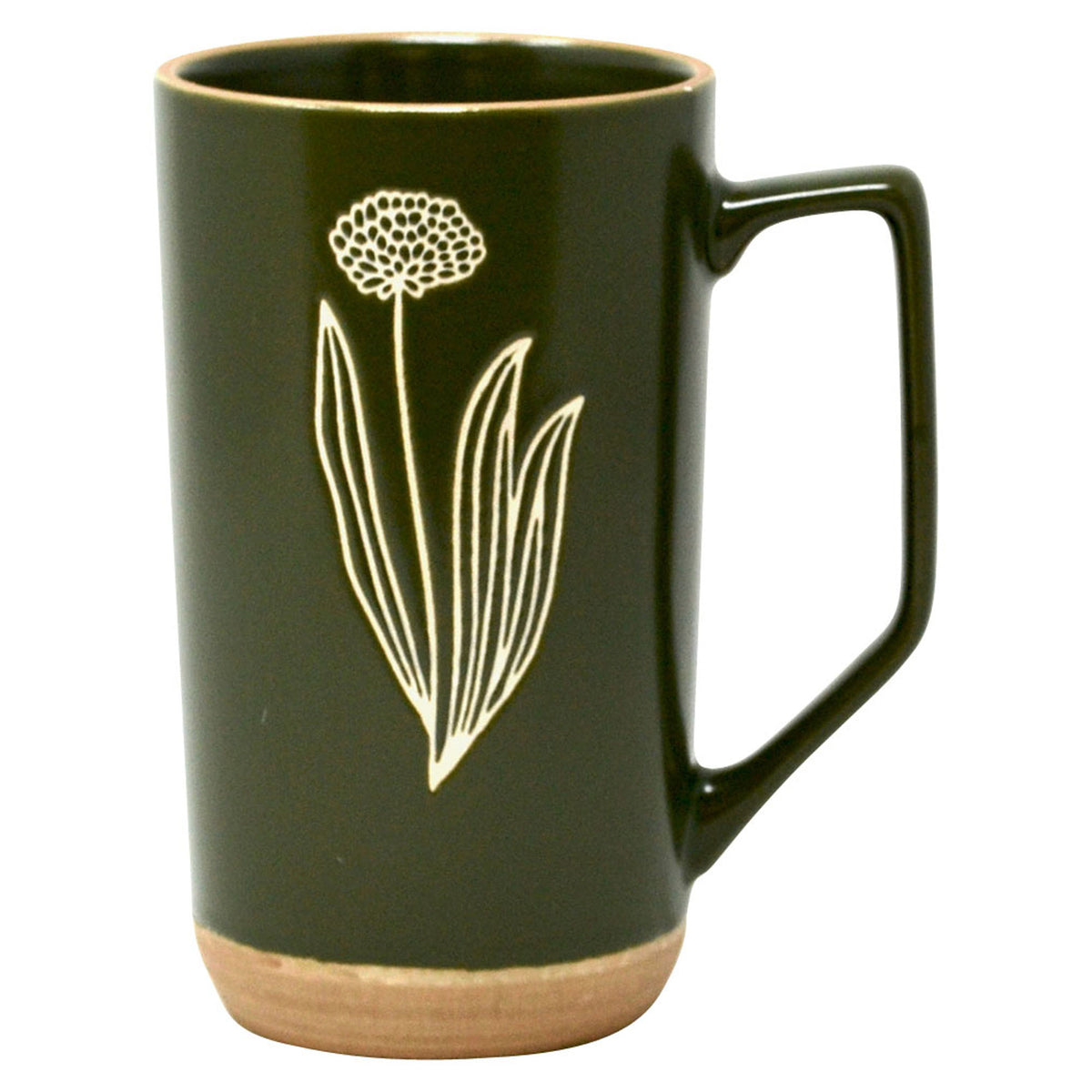 Grande tasse verte avec fleur blanche abstraite, 450 ml