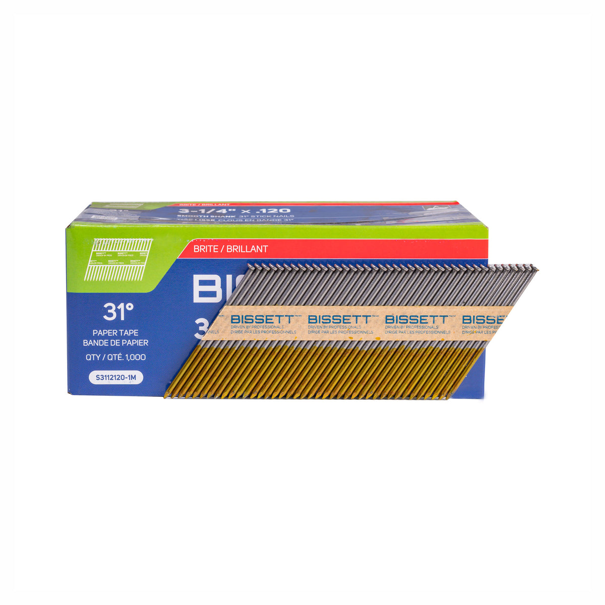 Clous sur bande de papier à angle de 31° avec tiges lisses, 3-1/4'' x .120 (1 000 unités)