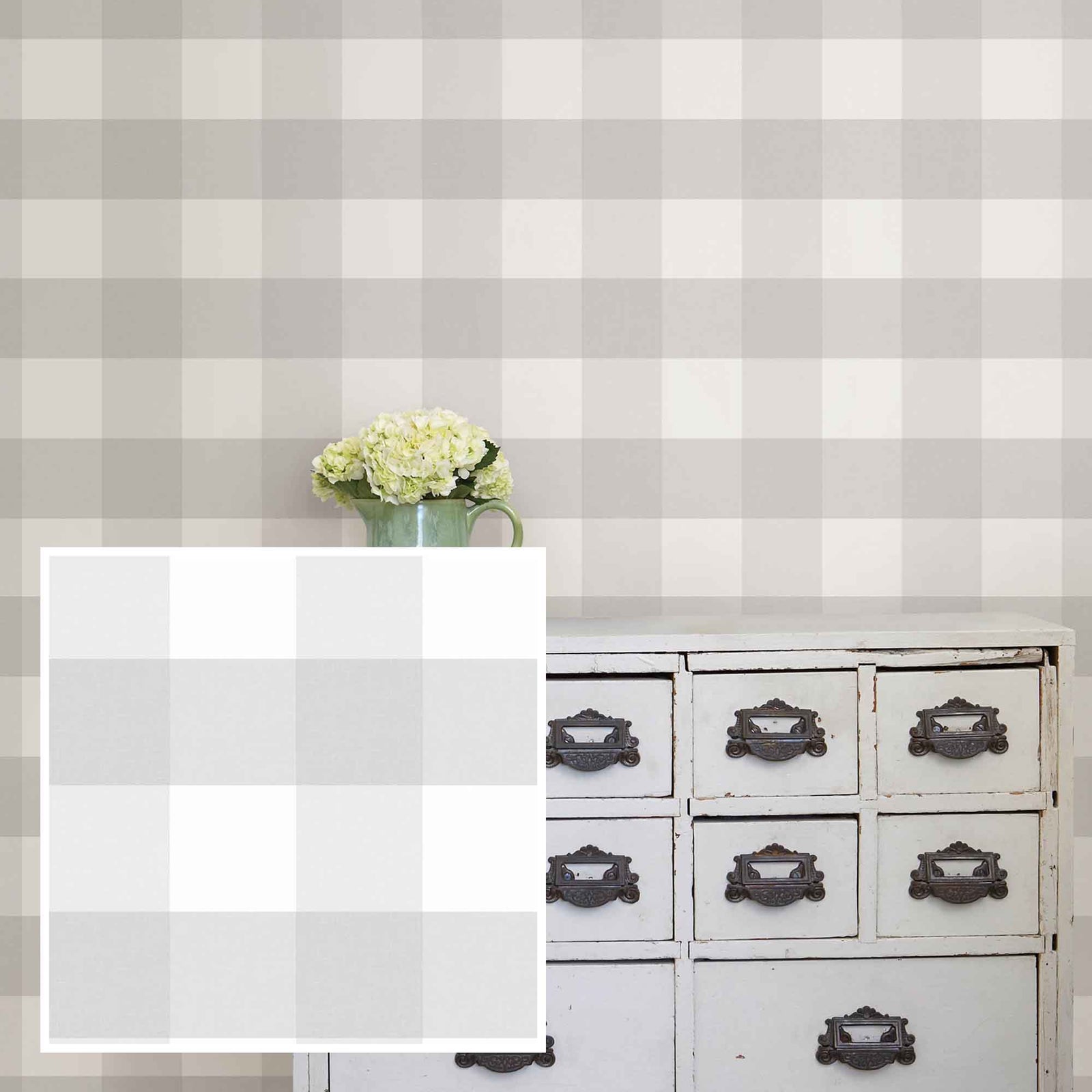 Papier peint ''peler et coller'' à motif de carreaux de ferme gris, 20,5" x 18'