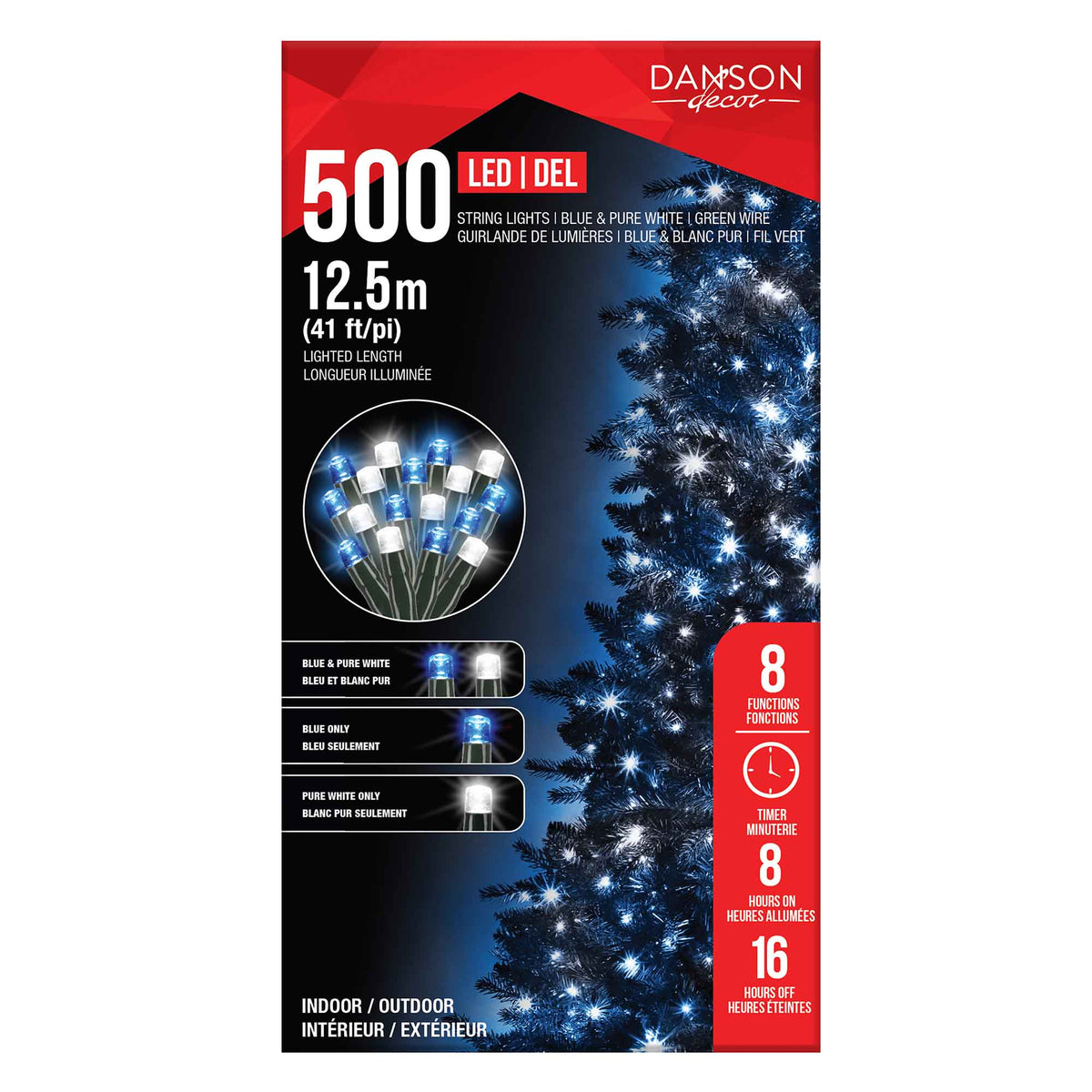 Guirlande de 500 lumières DEL à 10 fonctions de 41' (12,5 m), blanc pur et bleu