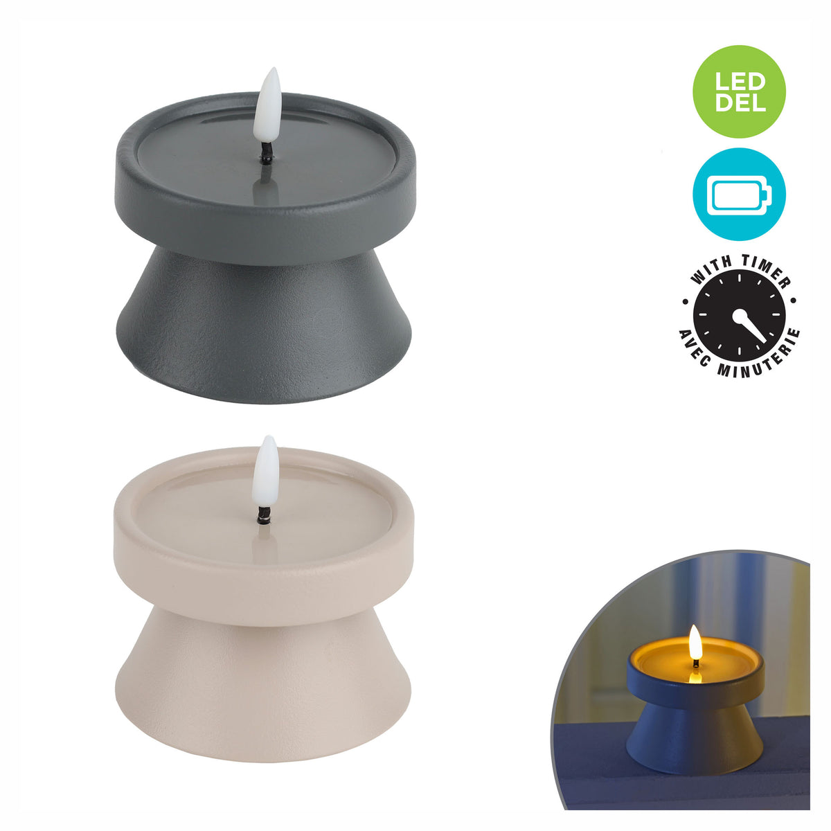 Bougie DEL en métal à piles avec flamme 3D et effet fondant, 3,14" (couleurs assorties)