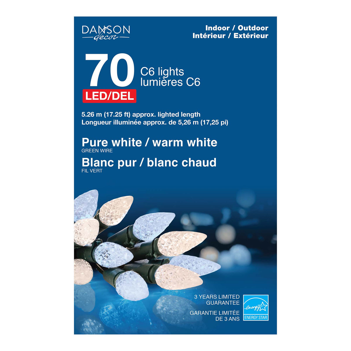 Jeux de 70 lumières DEL C6 à éclairage blanc pur et blanc chaud, 17,25&#39;