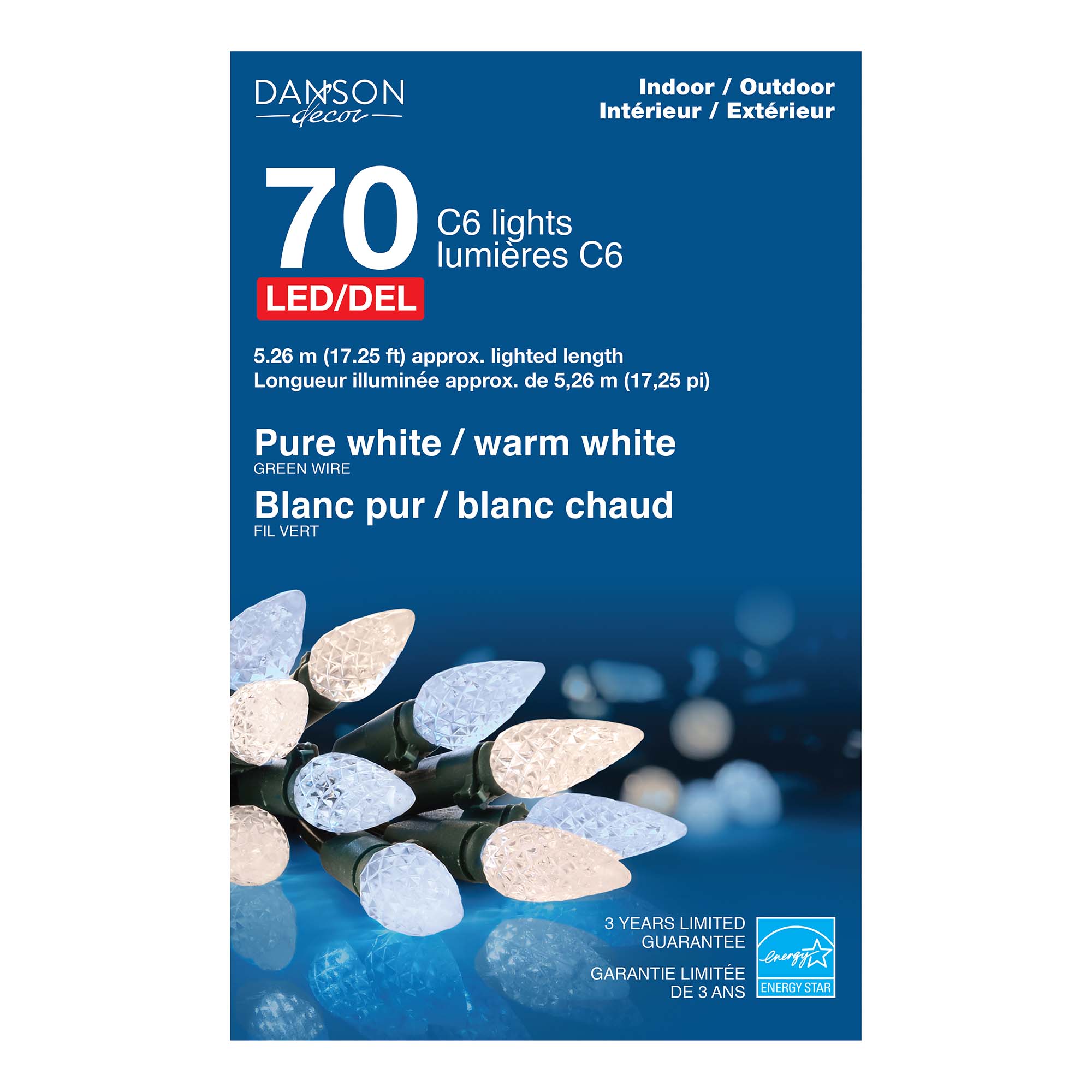 Jeux de 70 lumières DEL C6 à éclairage blanc pur et blanc chaud, 17,25'