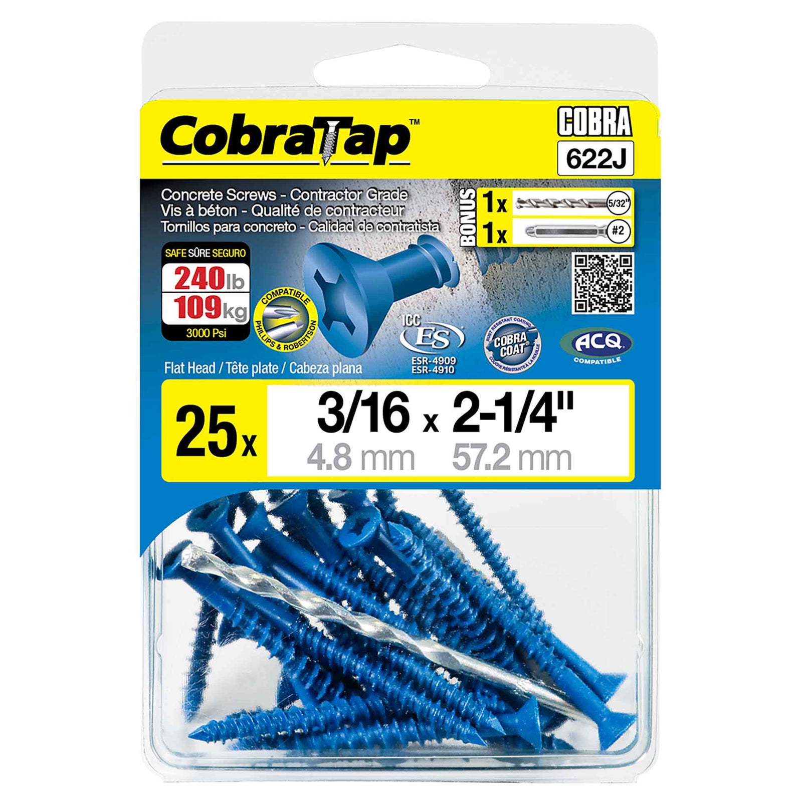 Vis à béton à tête plate CobraTap de 3/16" x 2-1/4'', 25 unités