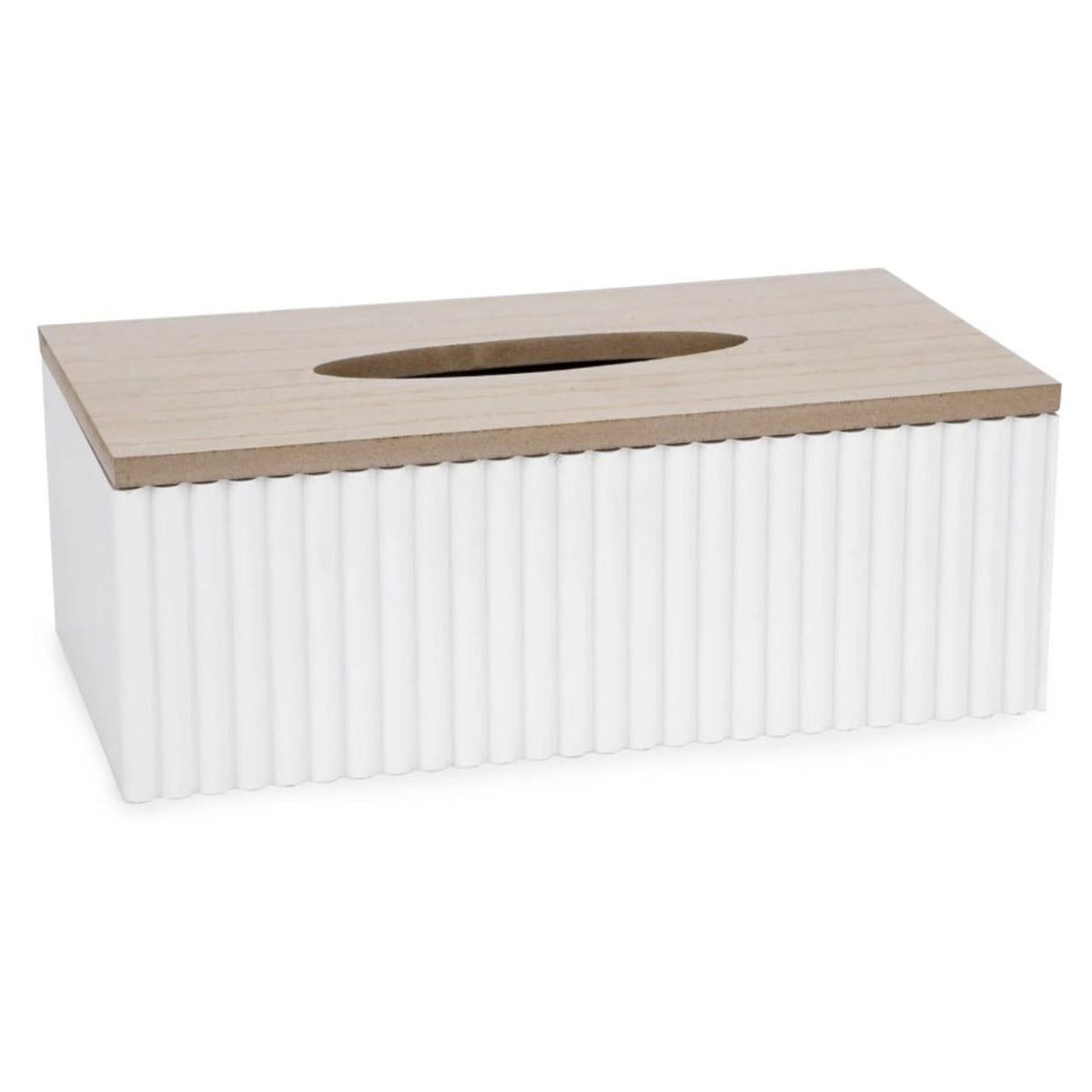 Boîte à mouchoirs en relief blanc avec couvert en bois, 10" x 5,25" x 3,5"