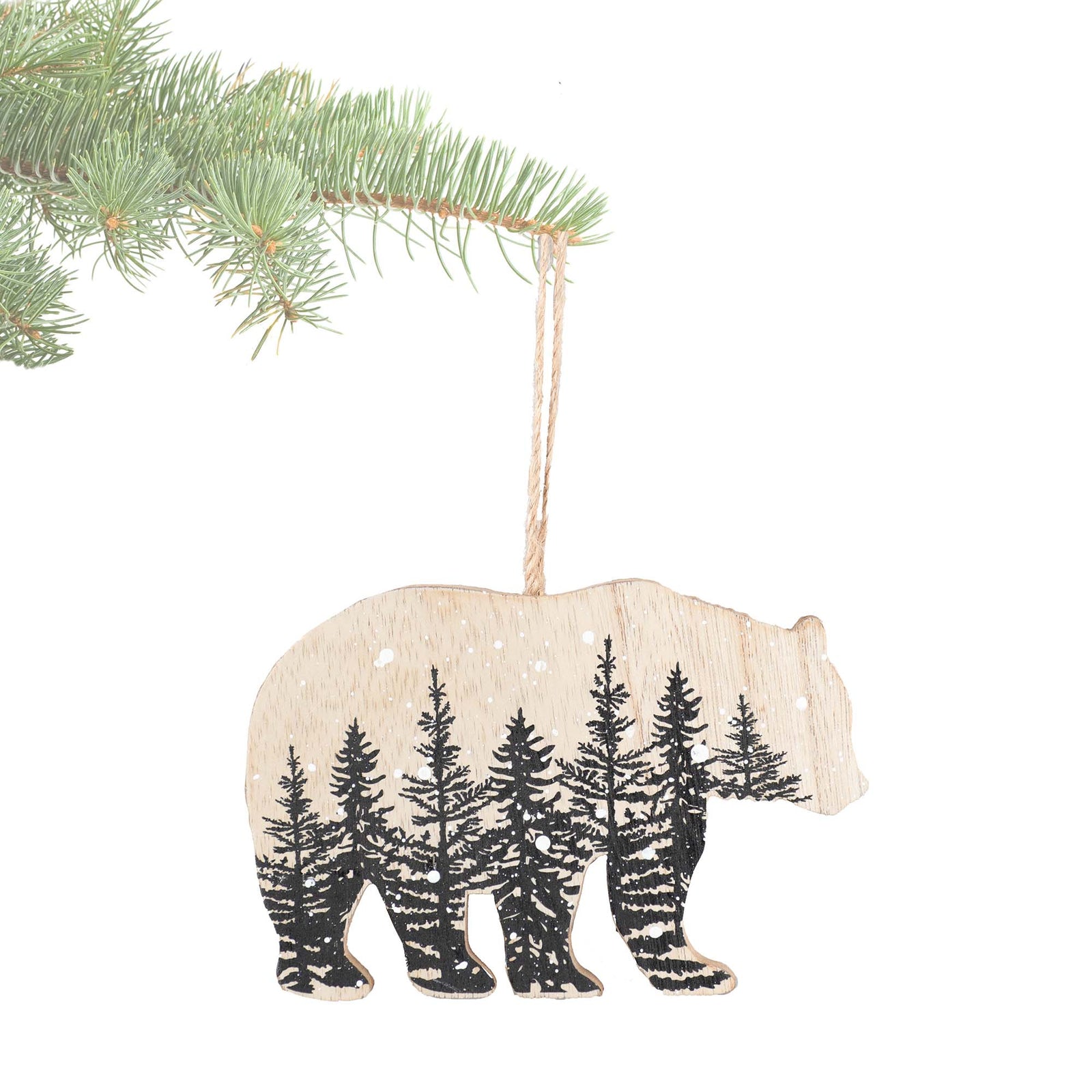 Ornement Ours en bois avec imprimé de sapins naturels, 14 cm x 9 cm 