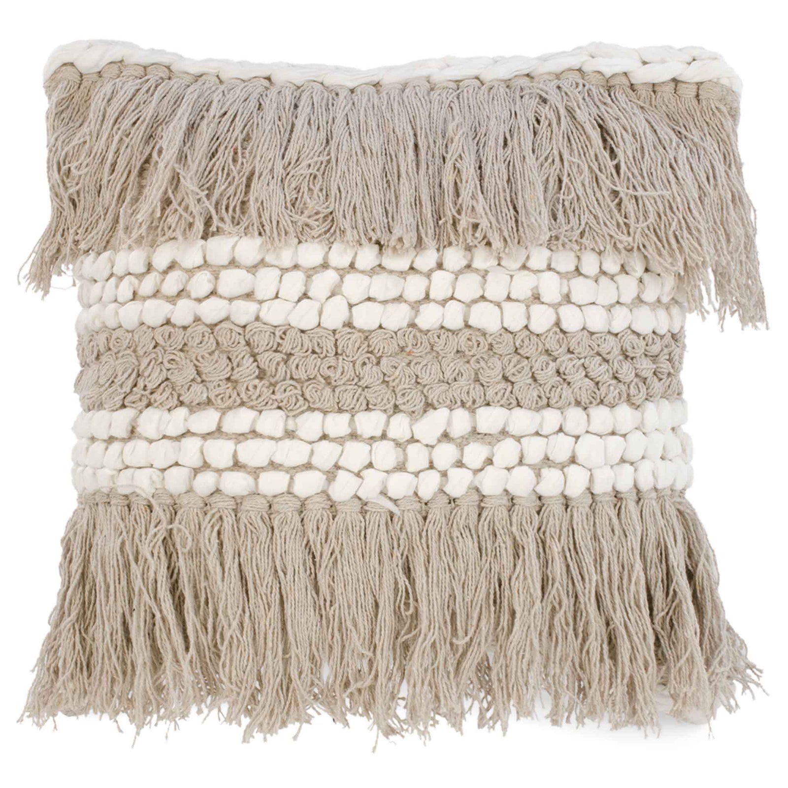 Coussin avec boucles en beige et blanc et franges, 17" x 17"