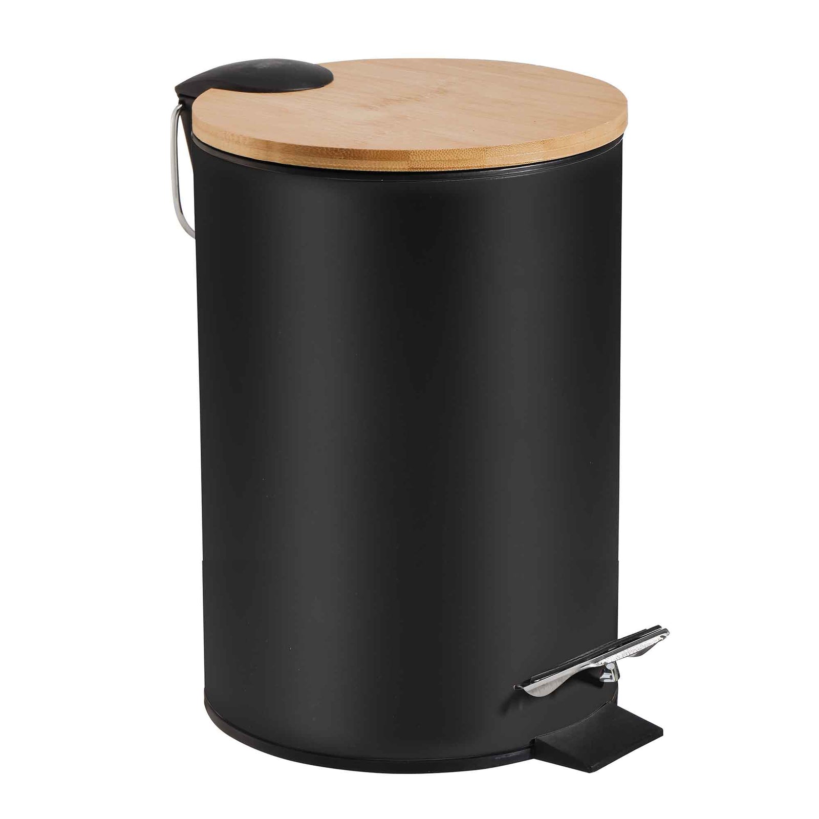 Poubelle ronde à pédale en métal noir et en bambou, 12 L 