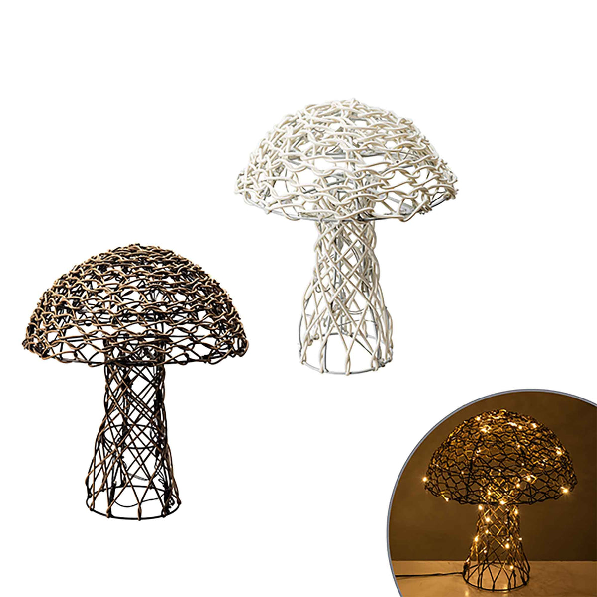 Champignon en osier illuminé par 30 lumières à éclairage DEL solaire, 12'' (choix entre 2 couleurs)