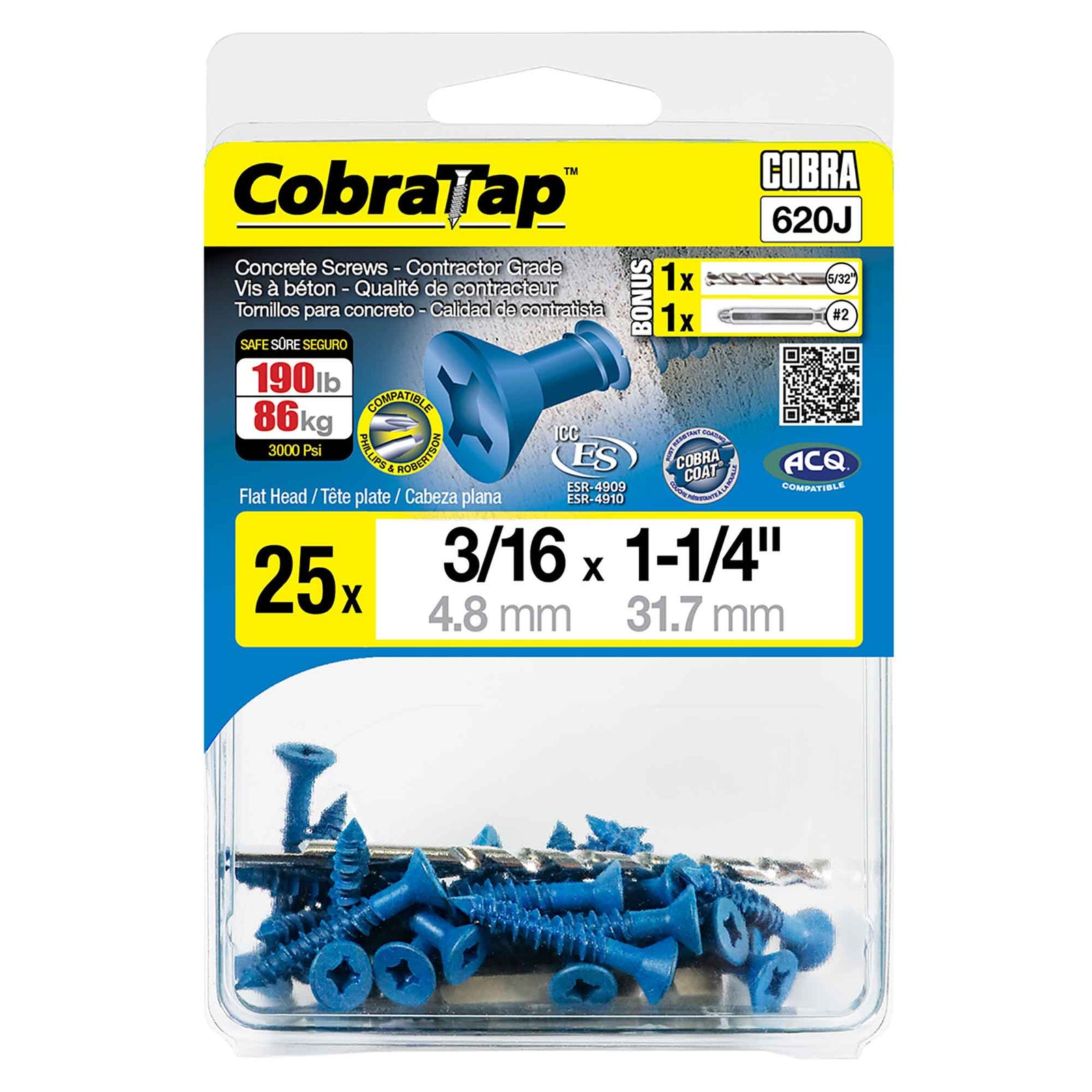 Vis à béton à tête plate CobraTap de 3/16" x 1-1/4", 25 unités