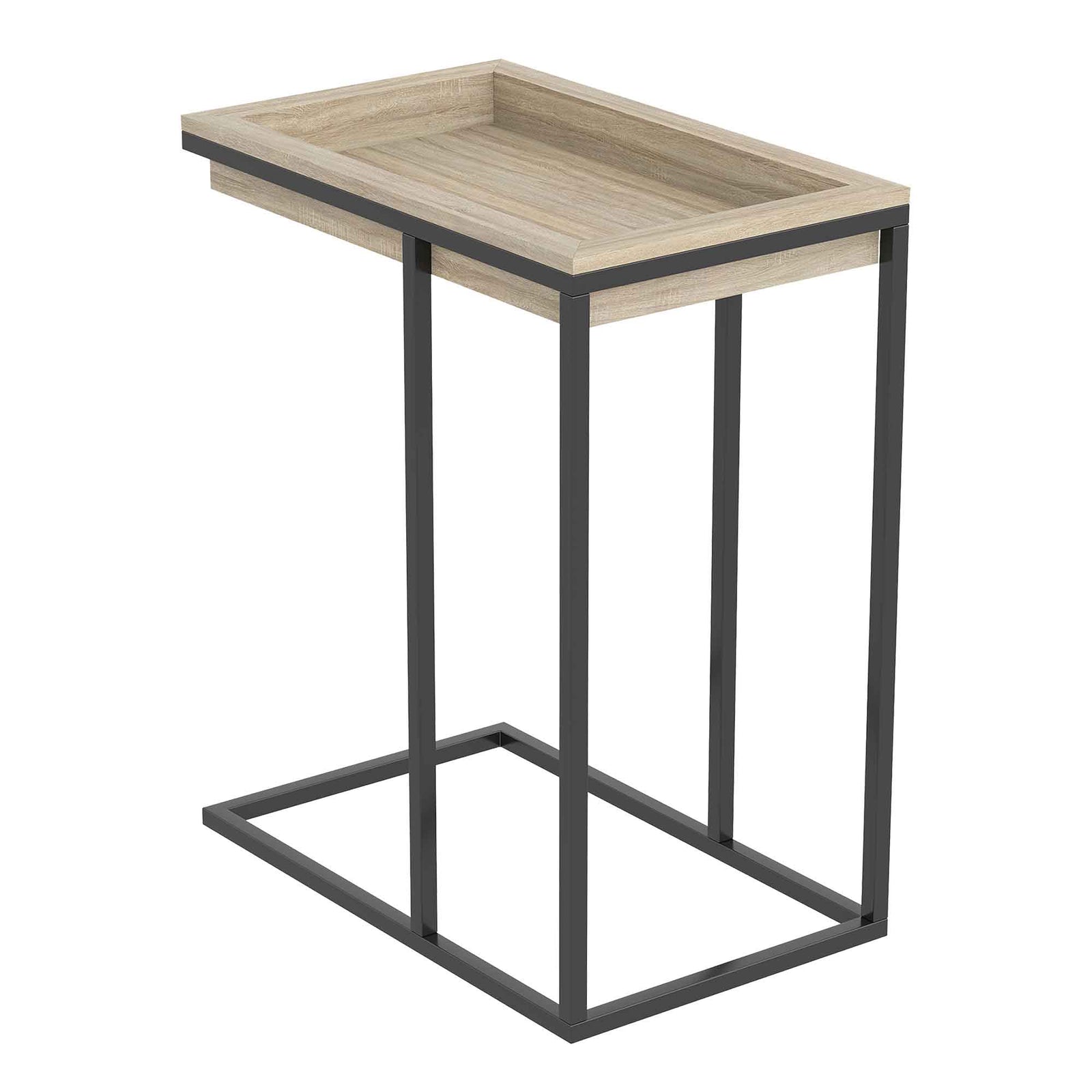 Table d'appoint en forme de C avec plateau encastré d'aspect bois récupéré et base en métal noir, 20,25" x 12,5" x 24,25"