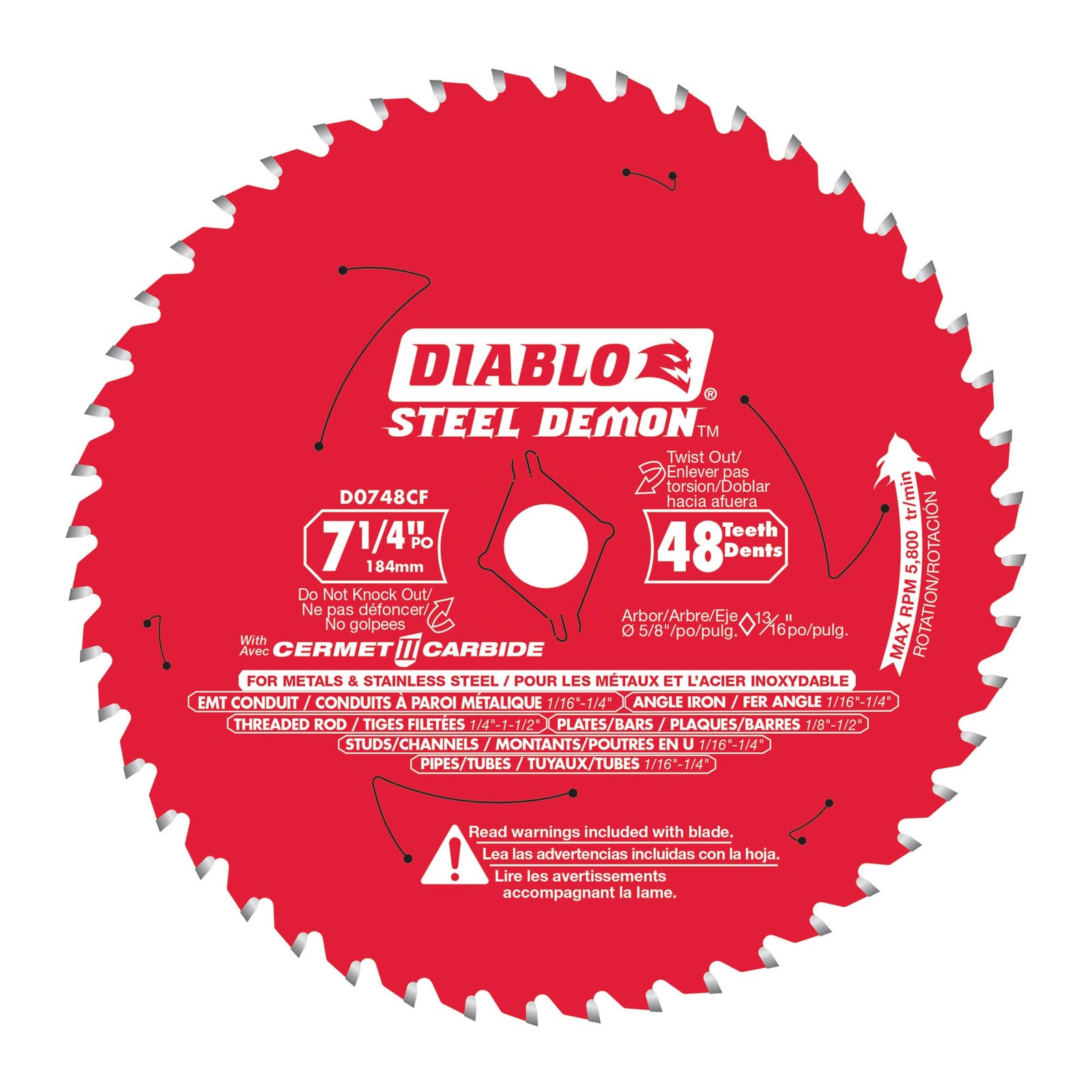 Lame Cermet Steel Diablo pour métaux ferreux de 7-1/4" à 48 dents, tige de 5/8''