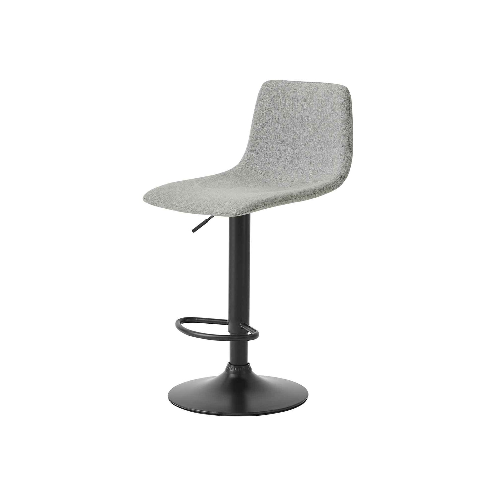 Tabouret avec assise en tissu de couleur gris pâle et base en métal noir