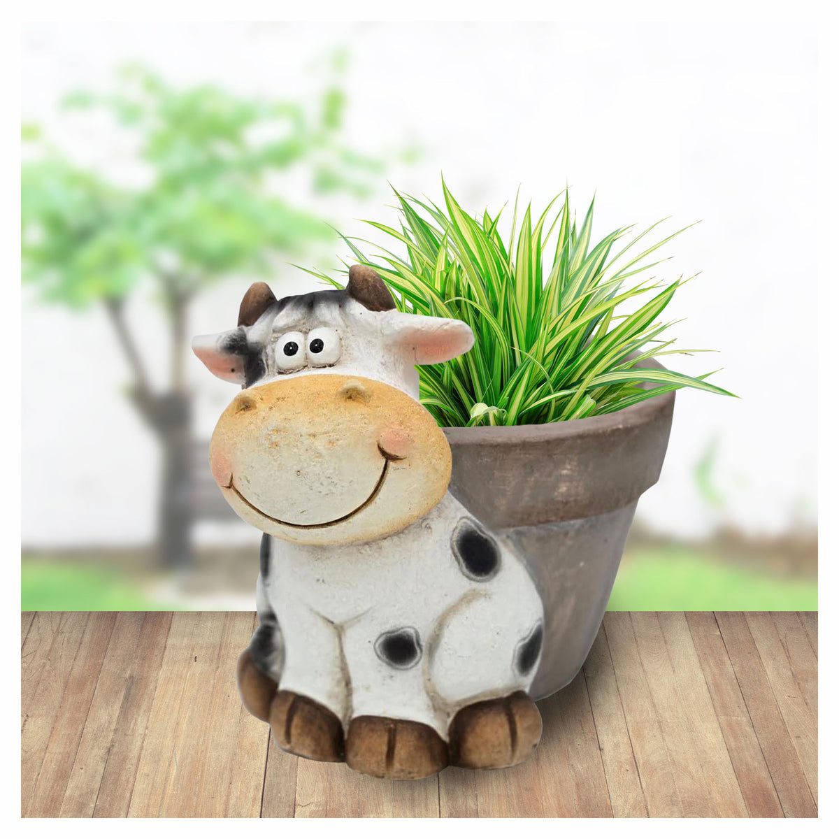 Jardinière avec figurine de vache, 8" x 8-1/4" x 10-1/4"