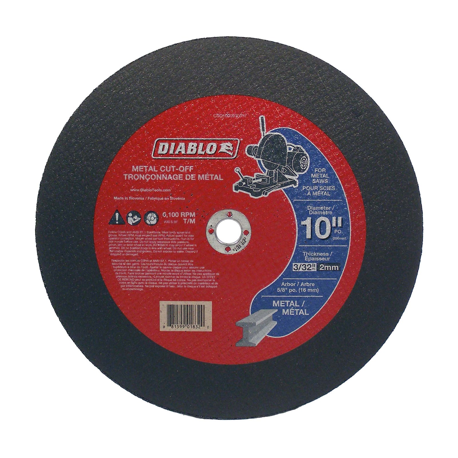 Disque de tronçonnage Diablo pour le métal de 10" x 3/32", arbre de 5/8"