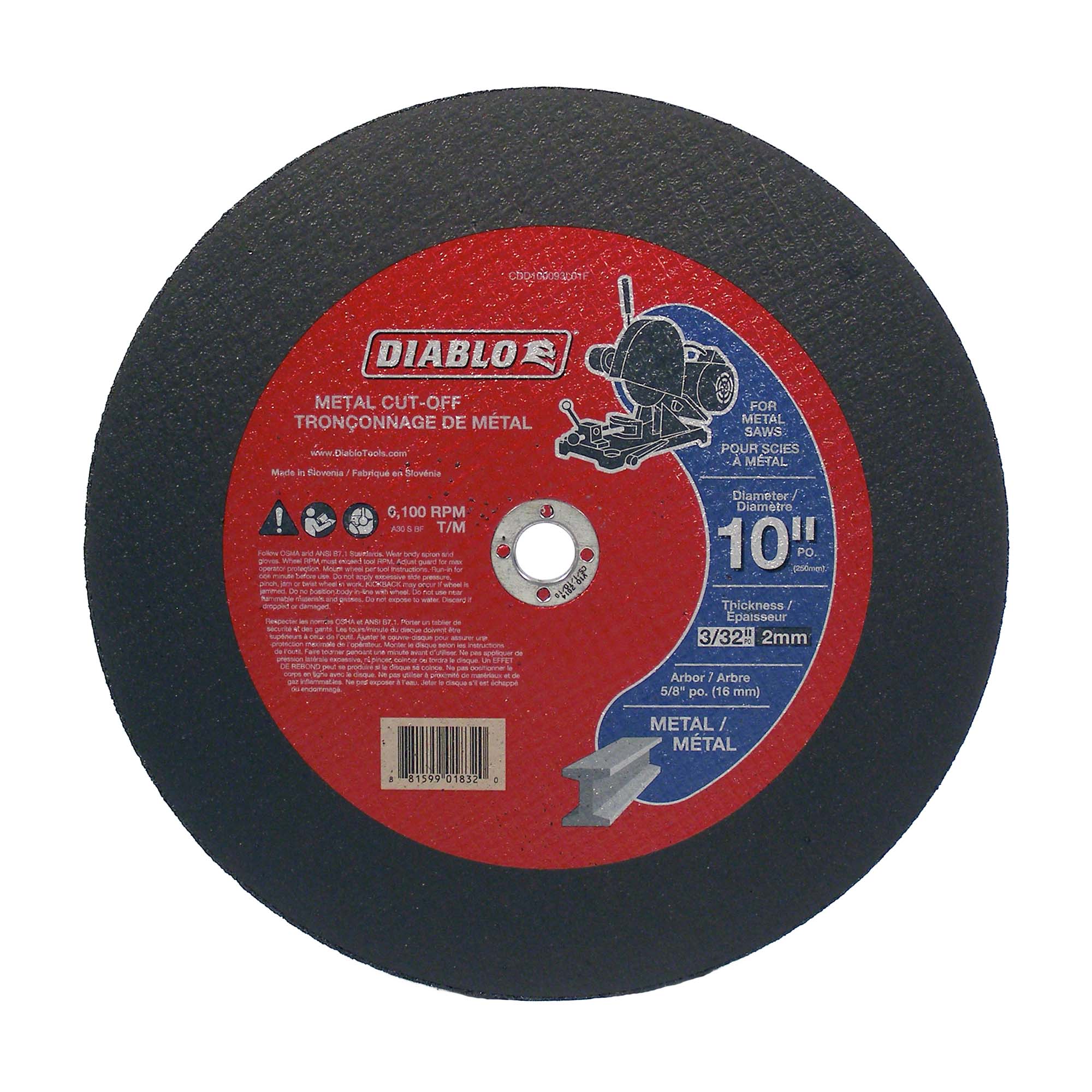 Disque de tronçonnage Diablo pour le métal de 10" x 3/32", arbre de 5/8"