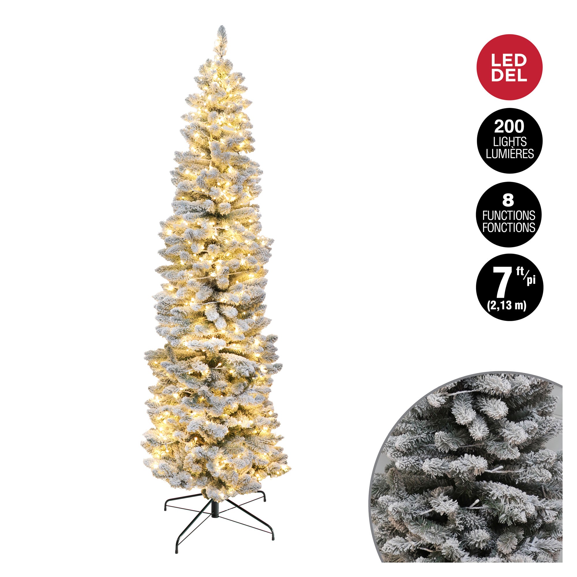 Arbre de Noël étroit et floqué à 600 pointes avec 200 lumières DEL blanc chaud, 7'