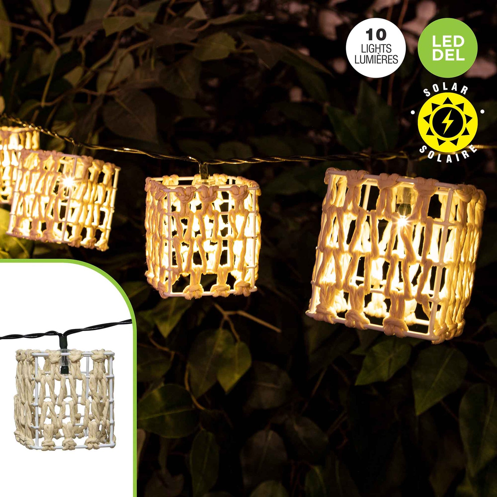 Jeu de 10 lumières solaires à DEL à 8 fonctions avec globes carrés en osier, 4,5'