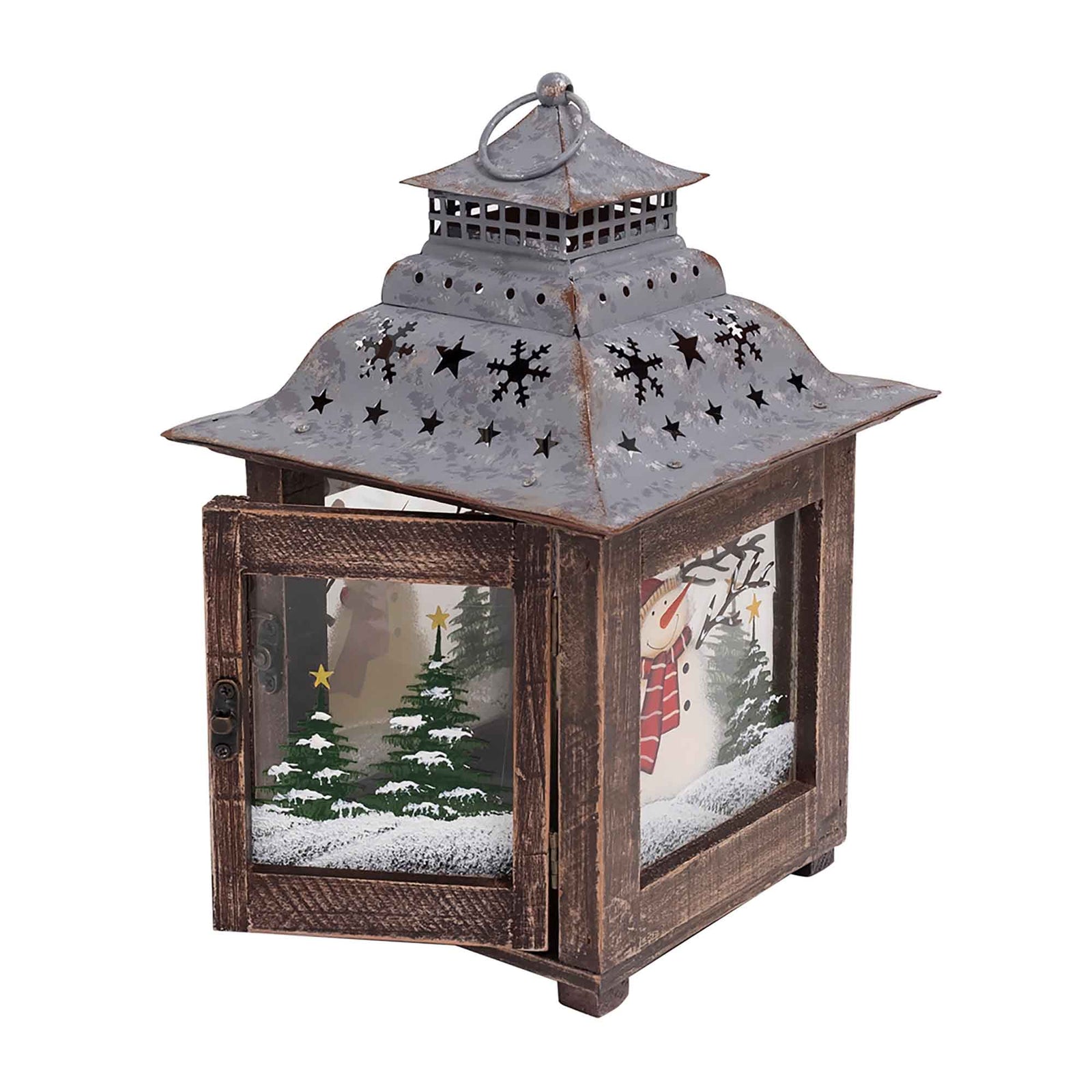 Lanterne en bois avec toit de tôle et scène de bonhomme de neige, 11''