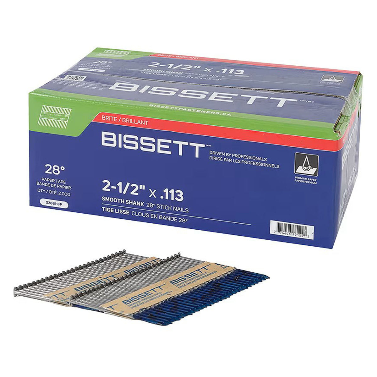 Clous sur bande de papier à angle de 28 degrés avec tiges lisses, 2-1/2" X .113 (2 000 unités)