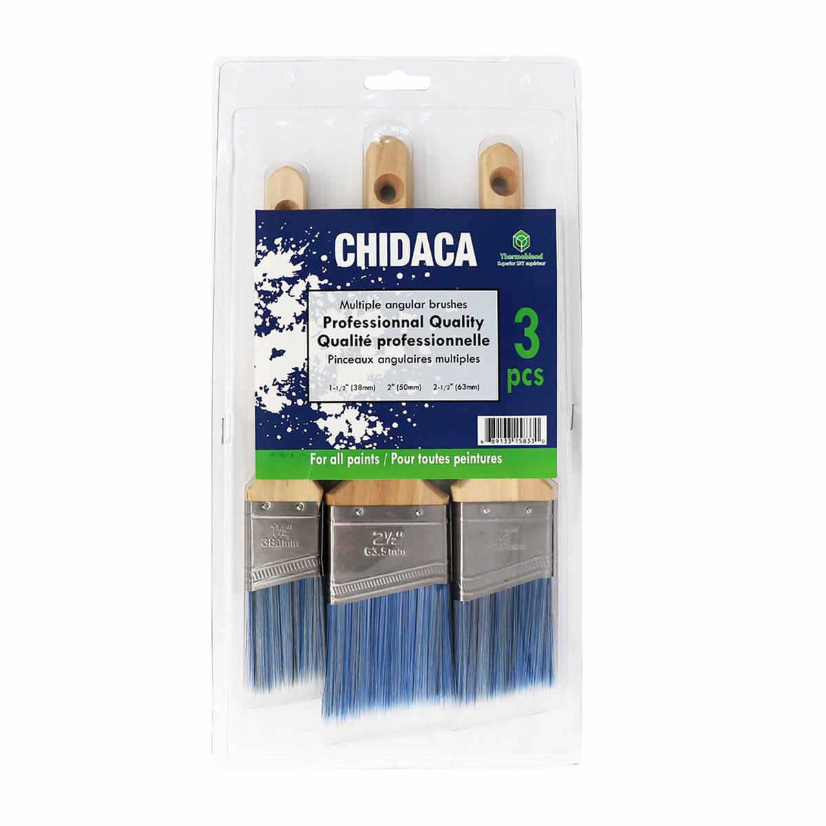 Ensemble de 3 pinceaux angulaires en polyester avec manche de bois