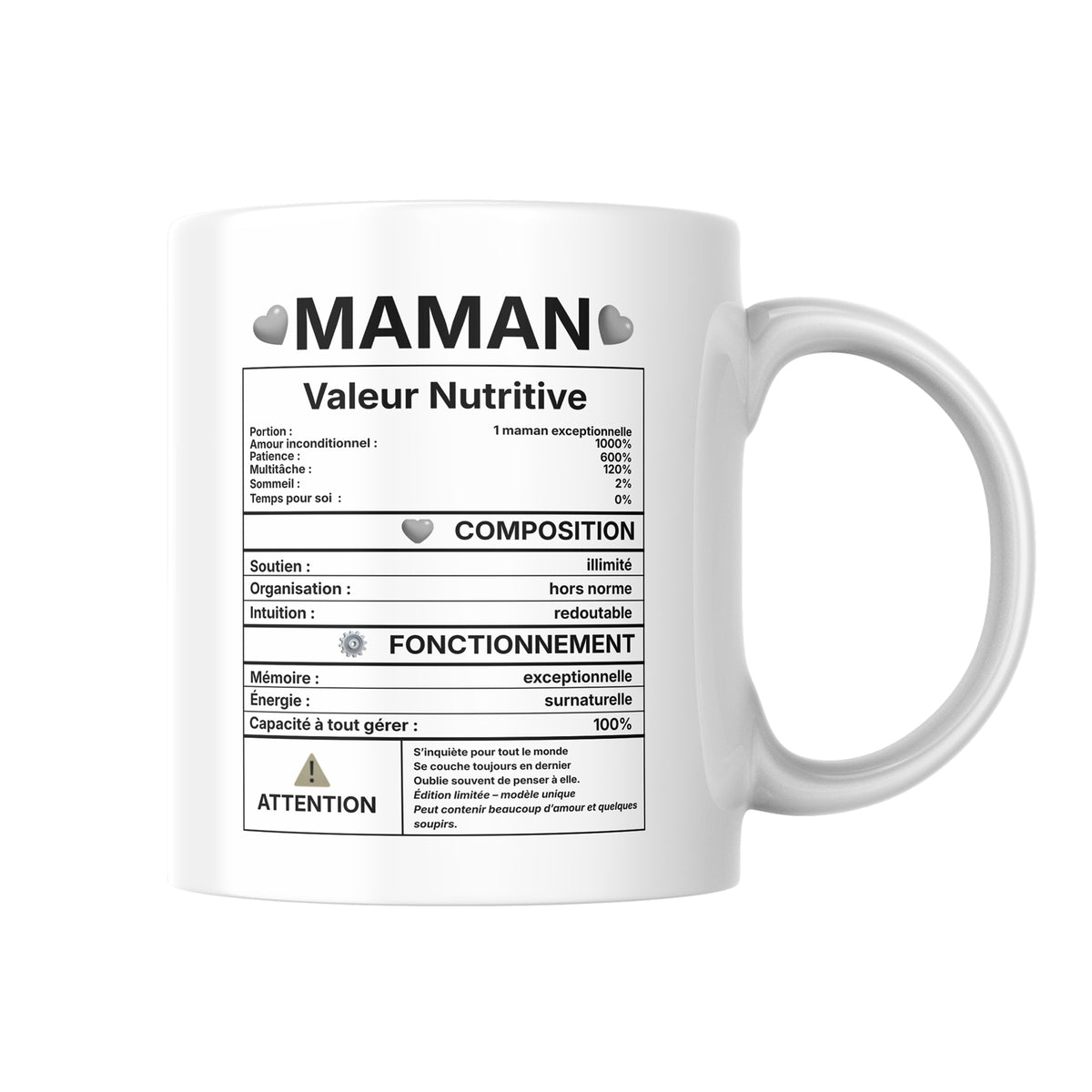 Tasse blanche avec inscription en noir Maman "Valeur nutritive", 330 ml