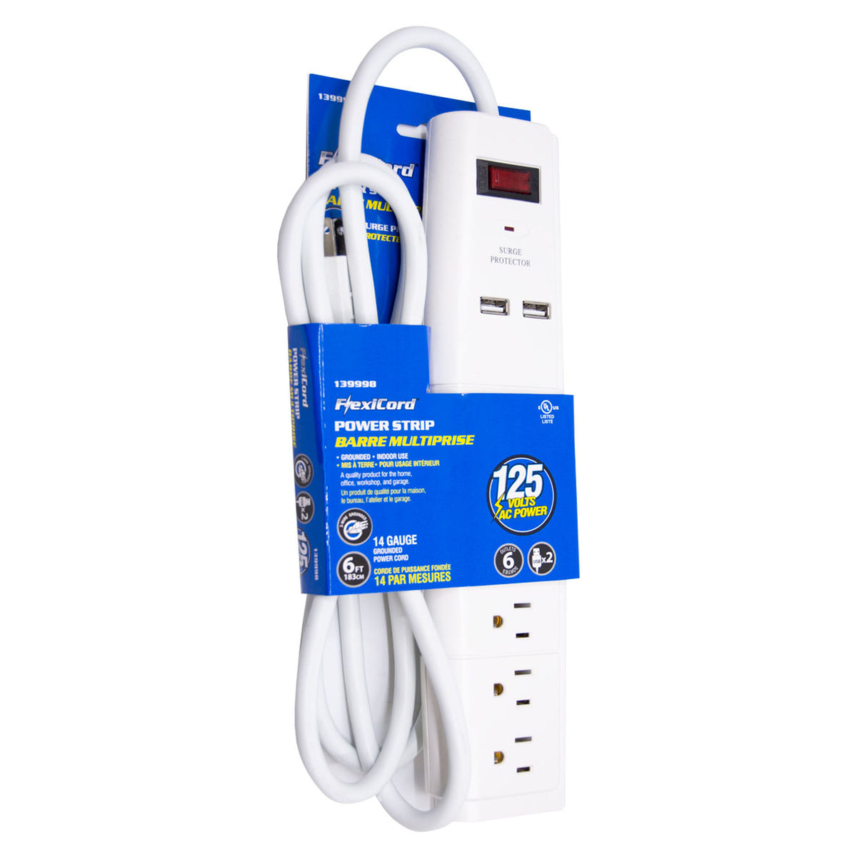 Barre multiprise parafoudre à 6 prises avec prises USB, 6' (blanc)