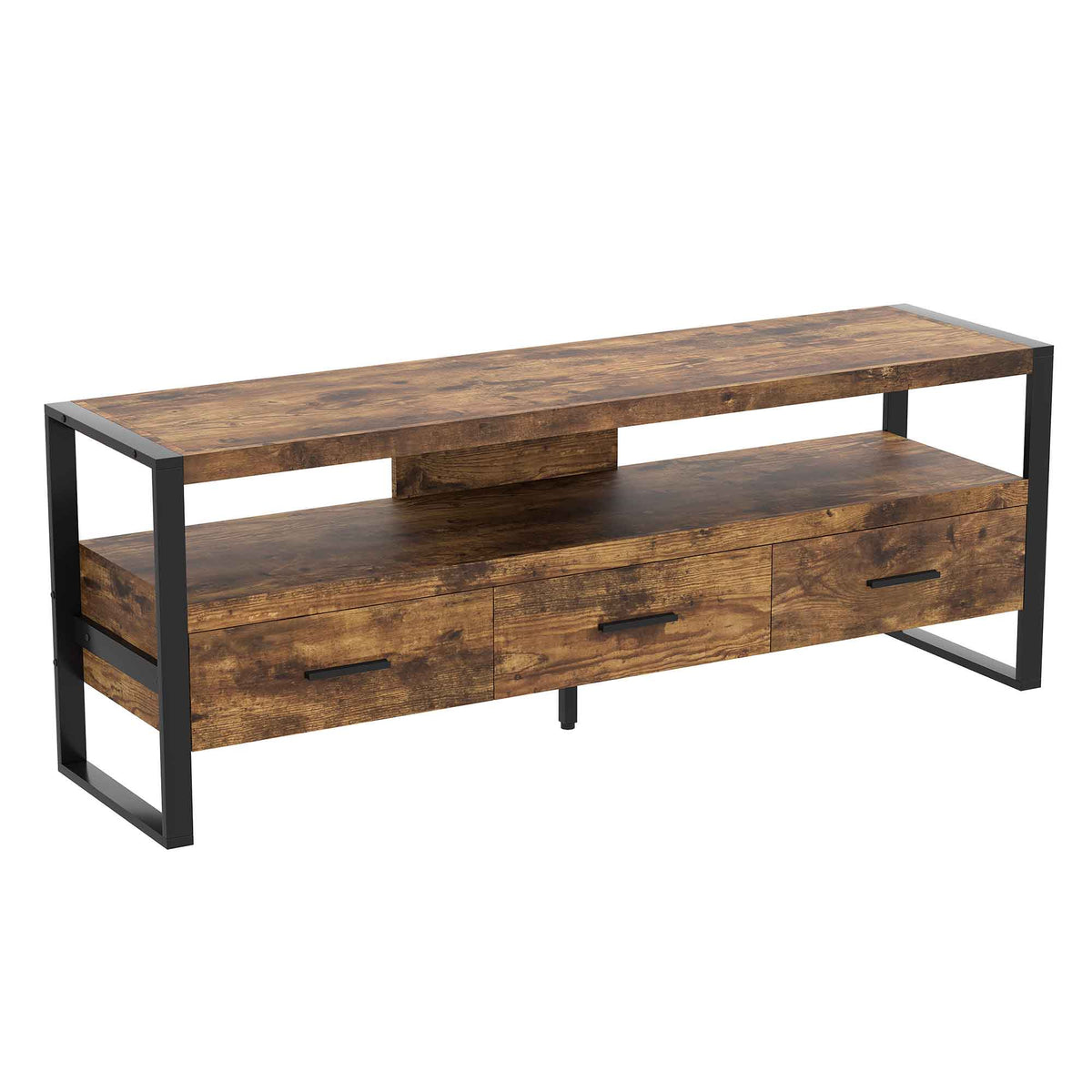 Meuble TV d'aspect bois brun récupéré à 3 tiroirs et 2 étagères, 59" x 15,5" x 21,75"