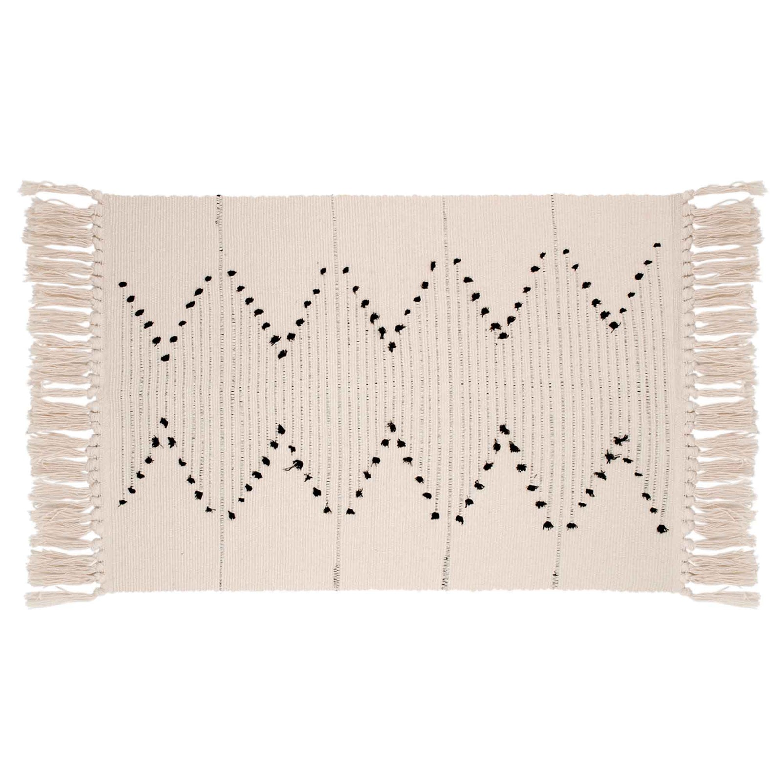 Tapis beige à motif noir avec franges, 40" x 23"