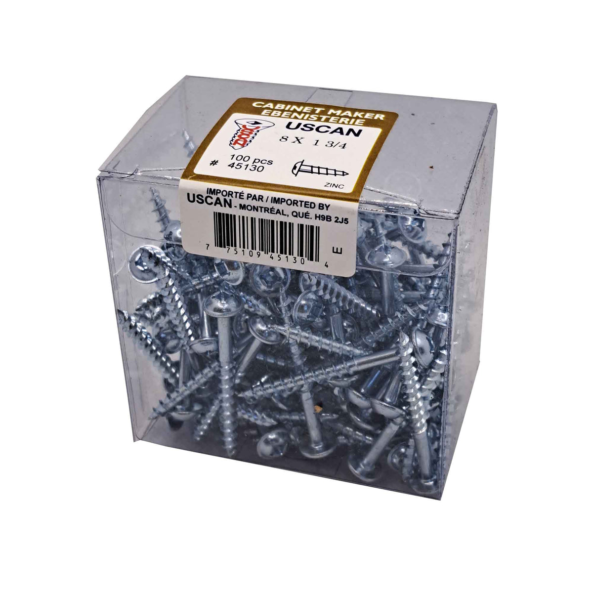 Vis à tête ronde avec rondelle intégrée plaquée zinc, #8 x 1-3/4" (100 unités)