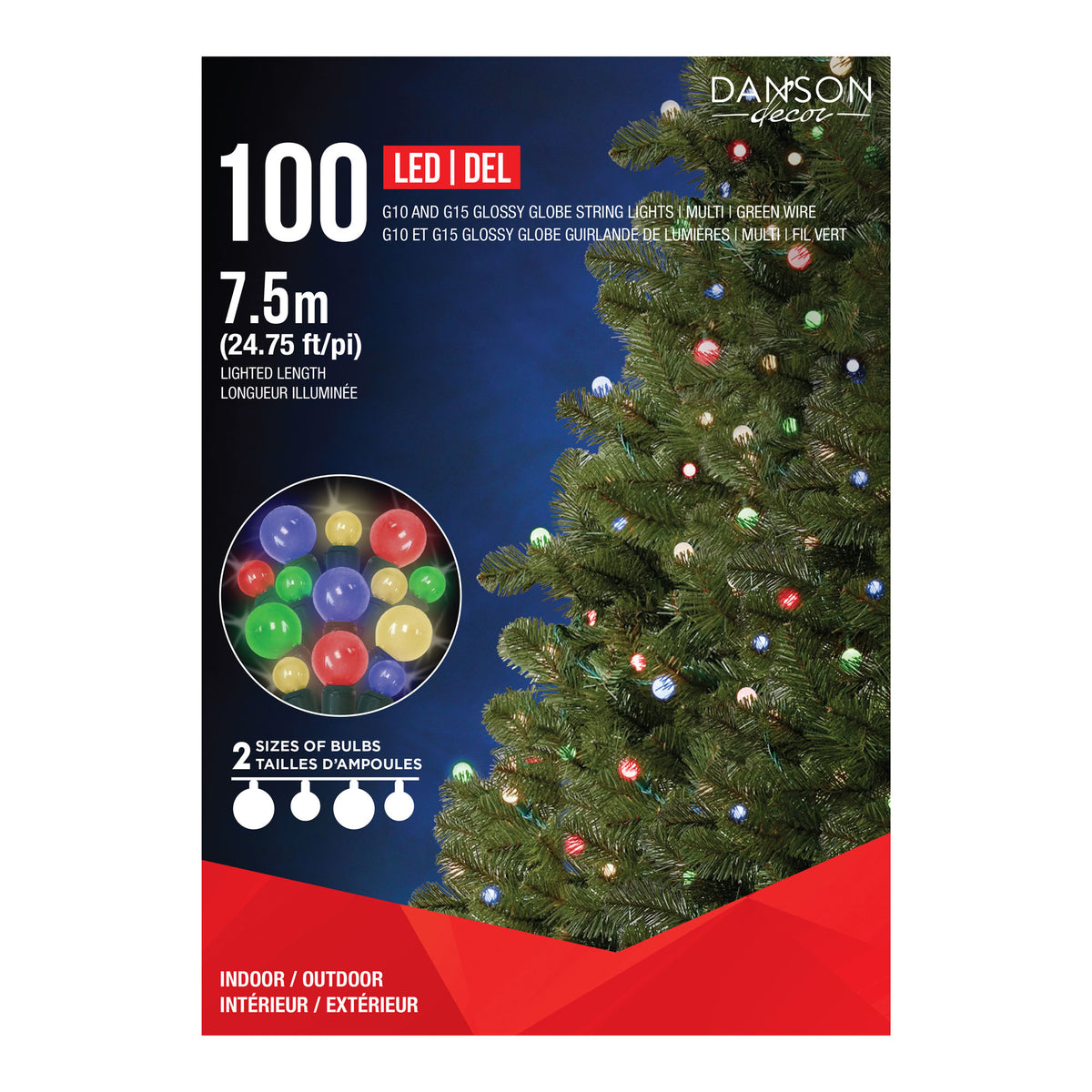 Guirlande de 100 lumières DEL en forme de globe G10 et G15 de 24,75' (7,5 m), multicolore