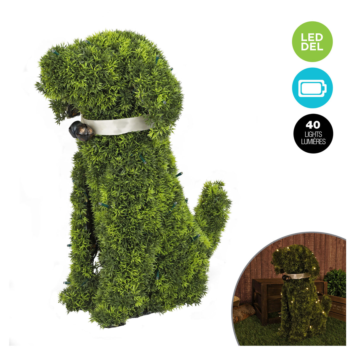 Topiaire illuminée en faux gazon vert et en forme de chien en position assis, 19"