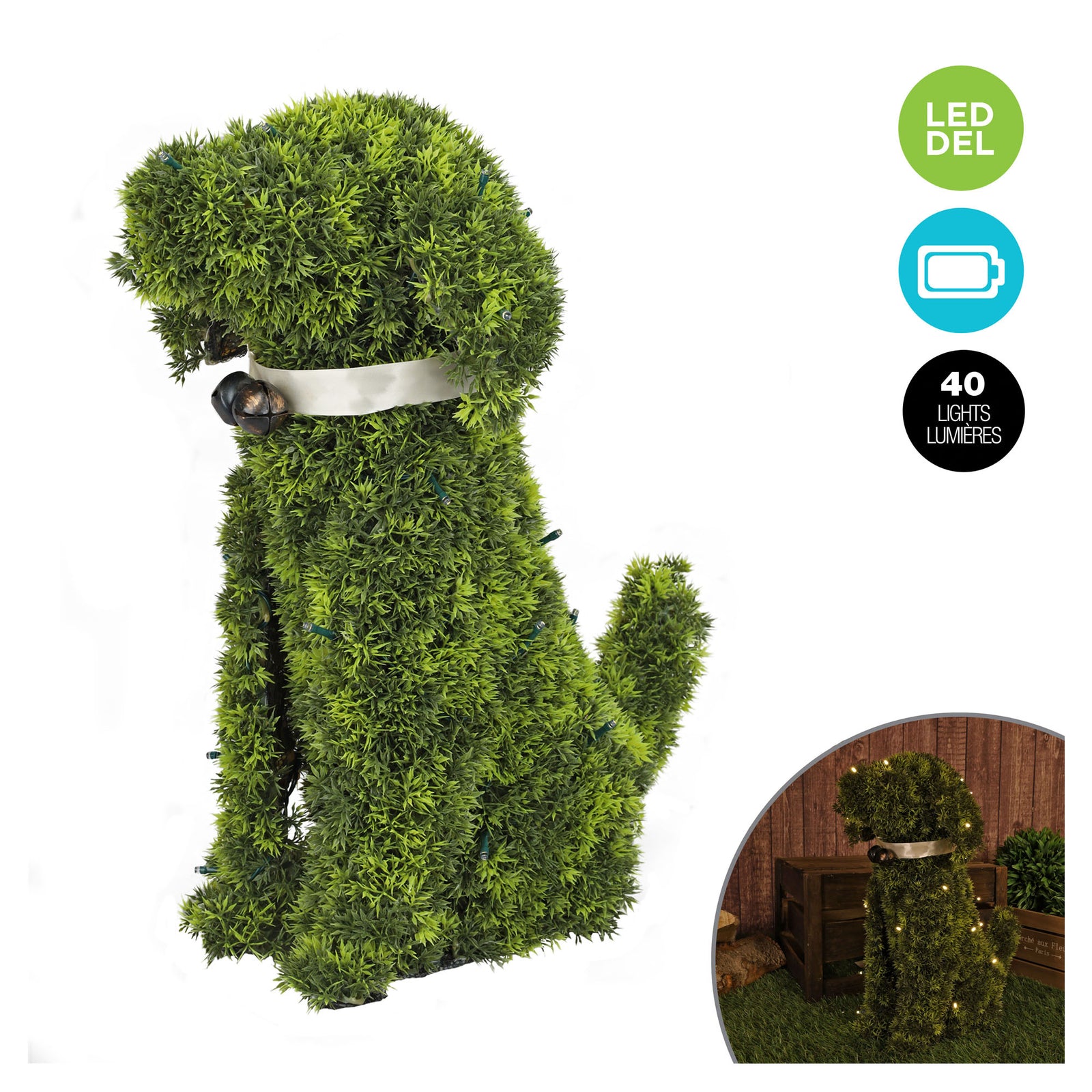 Topiaire illuminée en faux gazon vert et en forme de chien en position assis, 19"