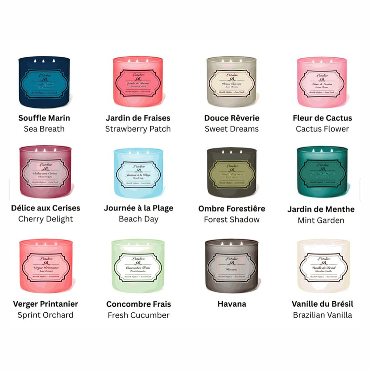 Bougie parfumée fabriquée à la cire de soya naturelle avec fragrance de qualité supérieure, choix entre 12 fragrances