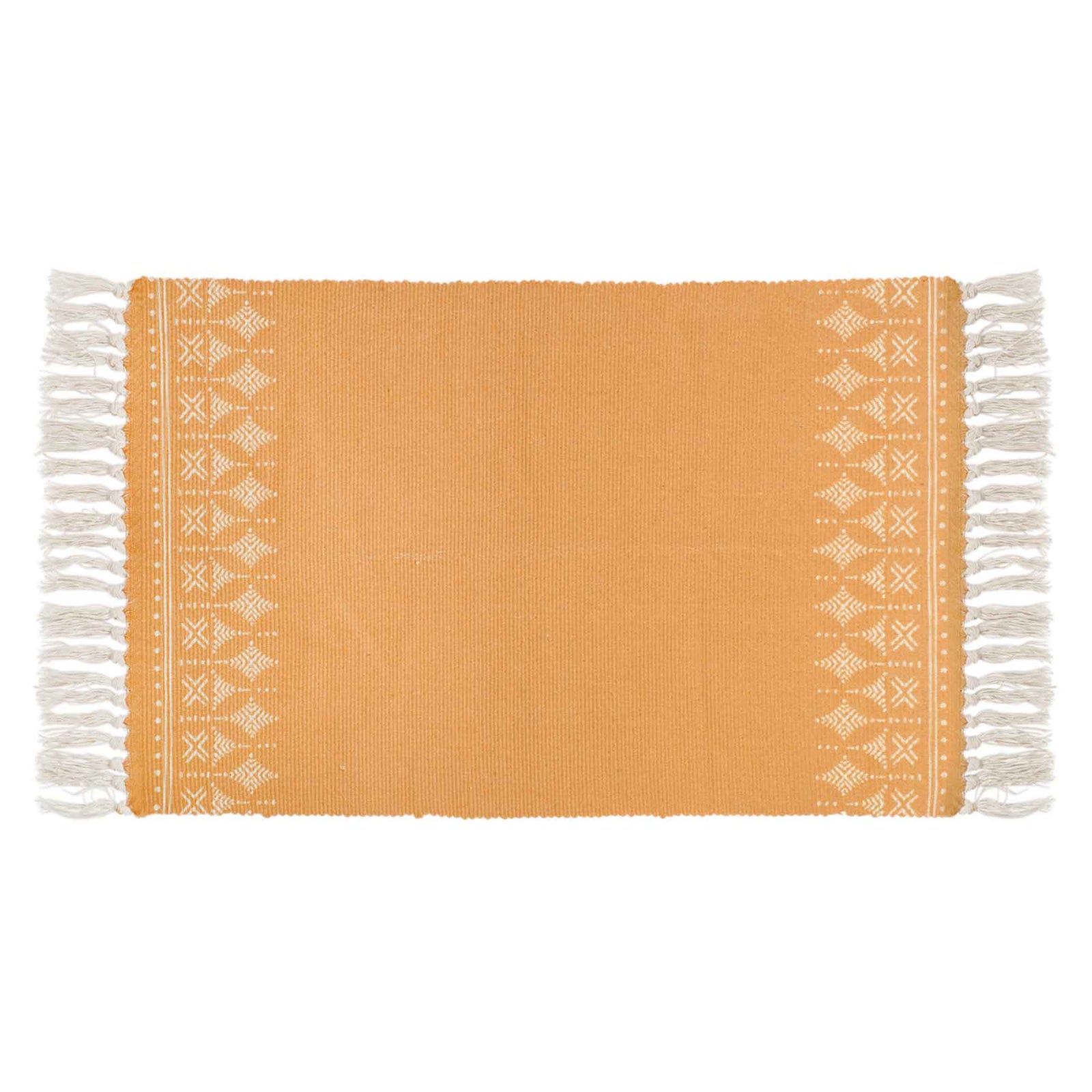 Tapis jaune moutarde et naturel avec motifs et franges, 23" x 42"