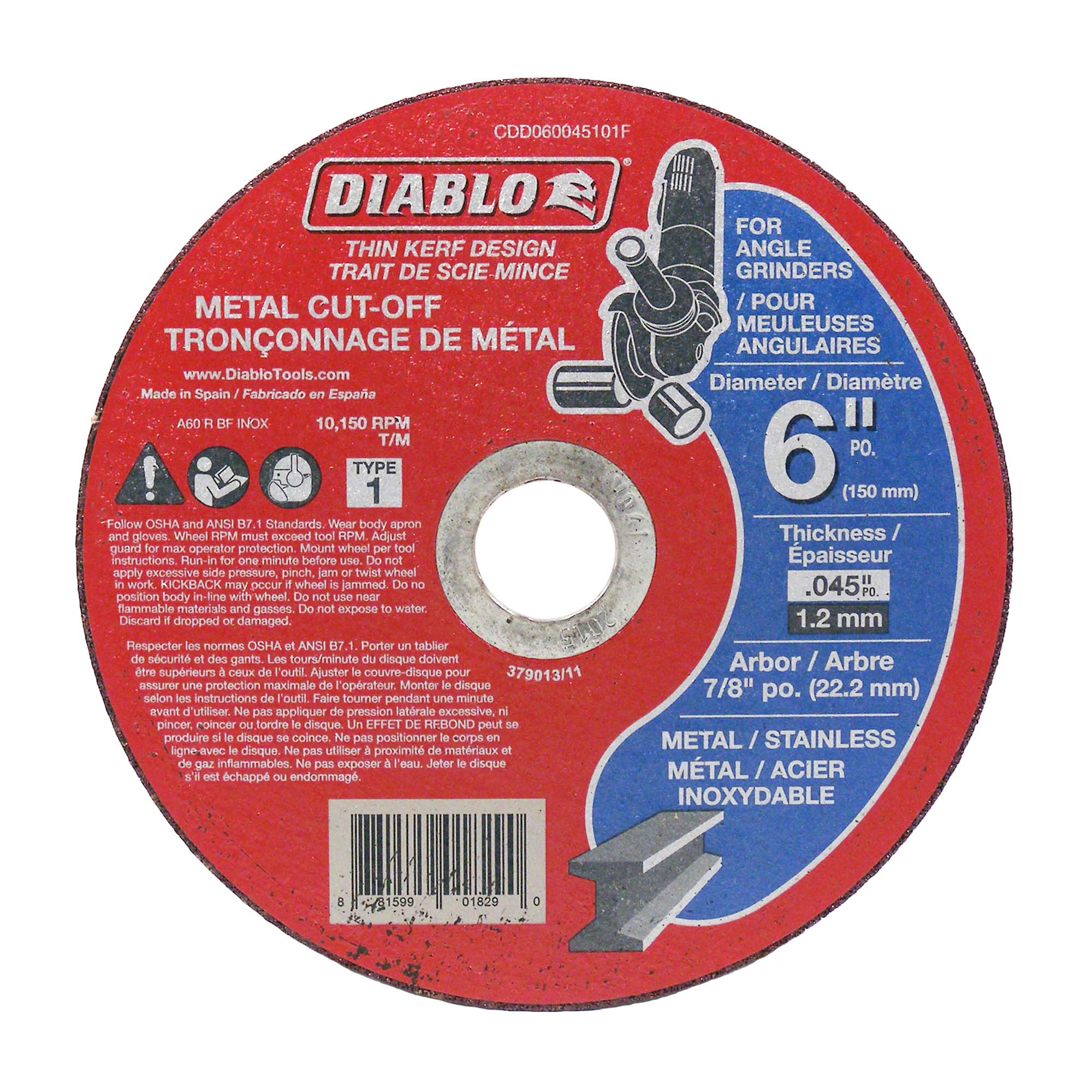 Disque de tronçonnage Diablo pour le métal de 6" x 0.045", arbre de 7/8"