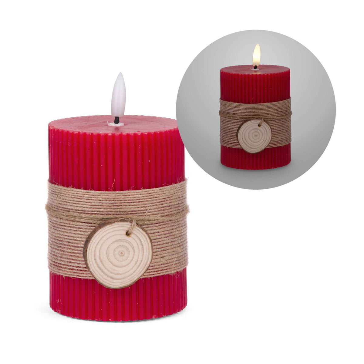 Chandelle rouge à éclairage à DEL avec ruban de jute et rondin de bois, 4&quot; 